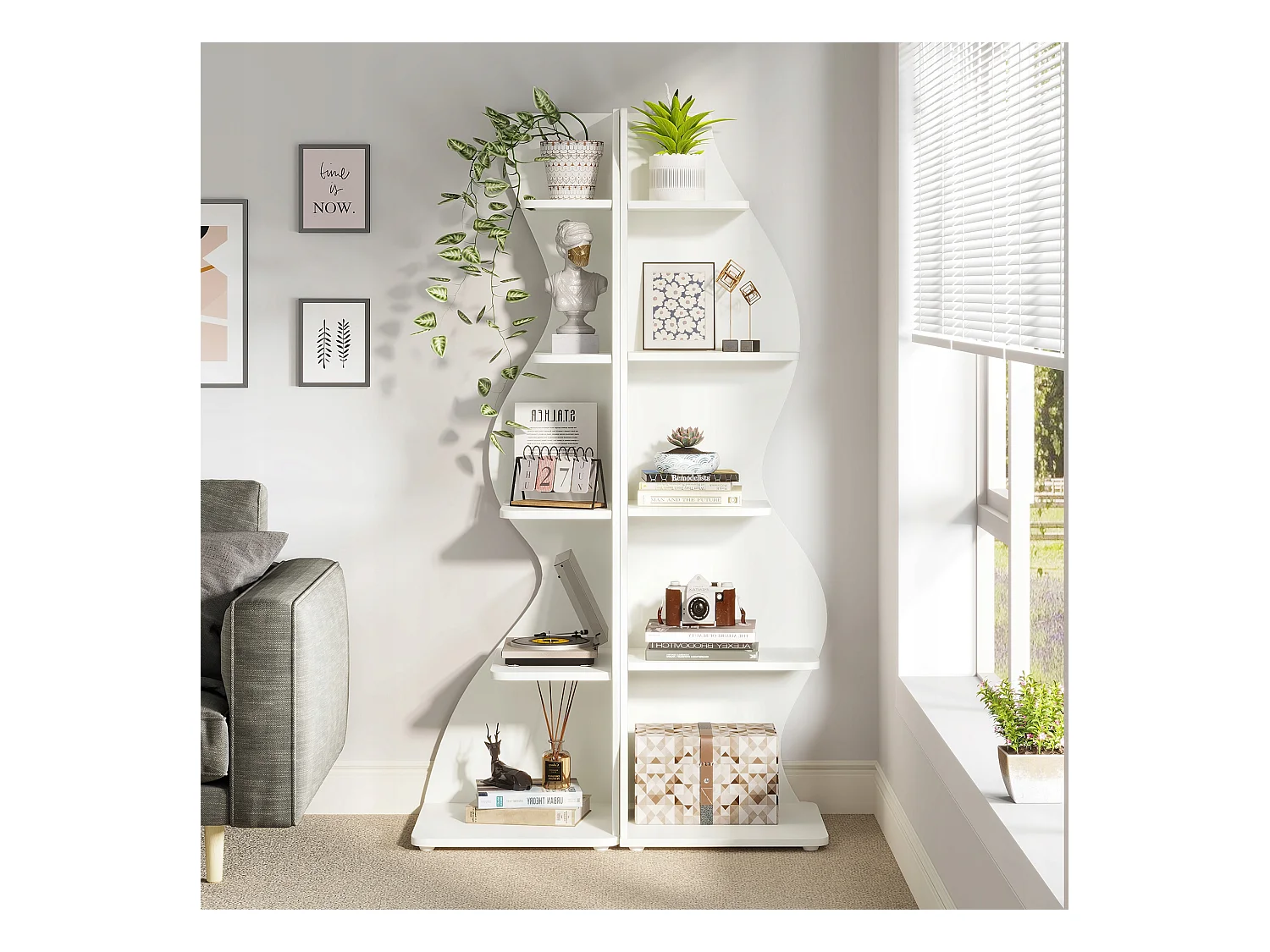 Nowoczesna 5-poziomowa półka narożna, mała stylowa narożna biblioteczka, stojak na rośliny, jednostka organizacyjna o unikalnym kształcie do domu, biała