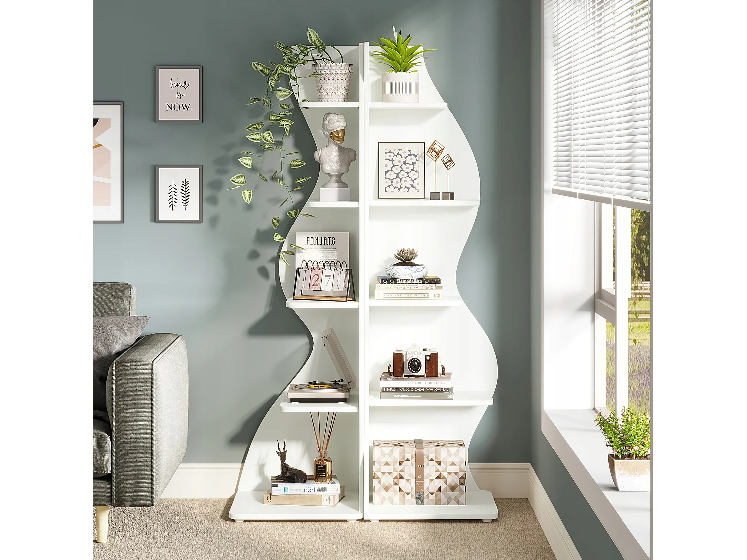 Nowoczesna 5-poziomowa półka narożna, mała stylowa narożna biblioteczka, stojak na rośliny, jednostka organizacyjna o unikalnym kształcie do domu, biała
