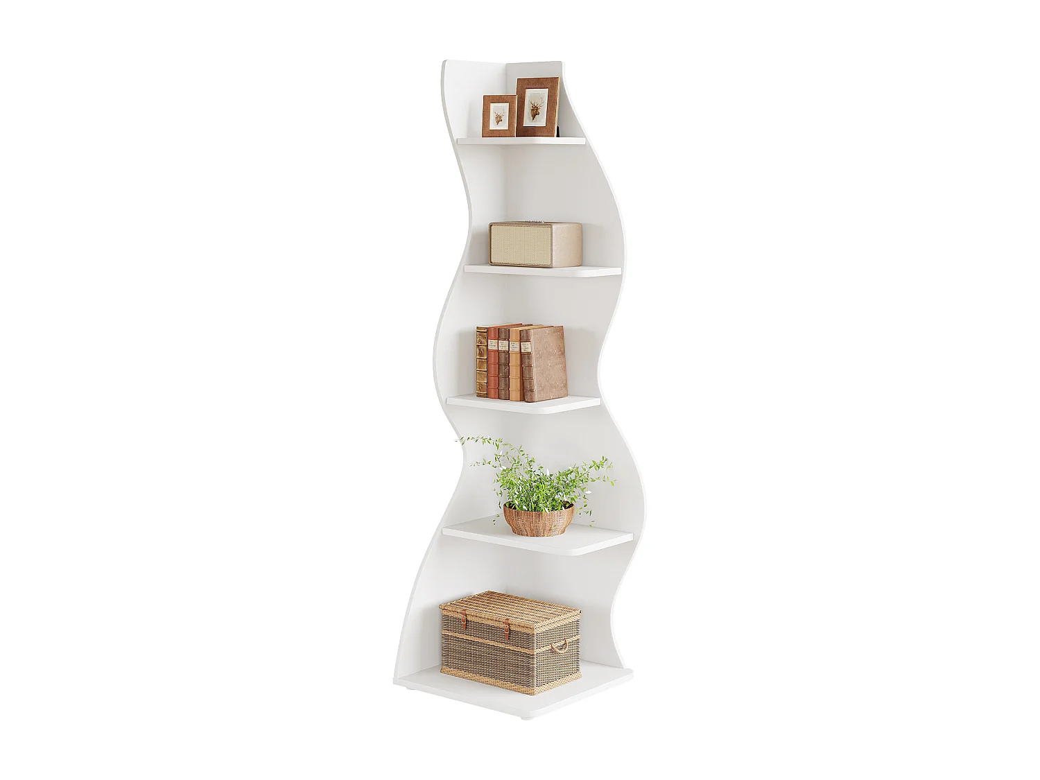 Étagère d'angle Moderne à 5 Niveaux, Petite Bibliothèque d'angle élégante, Support de Plante unité d'organisation avec Forme Unique, Blanc