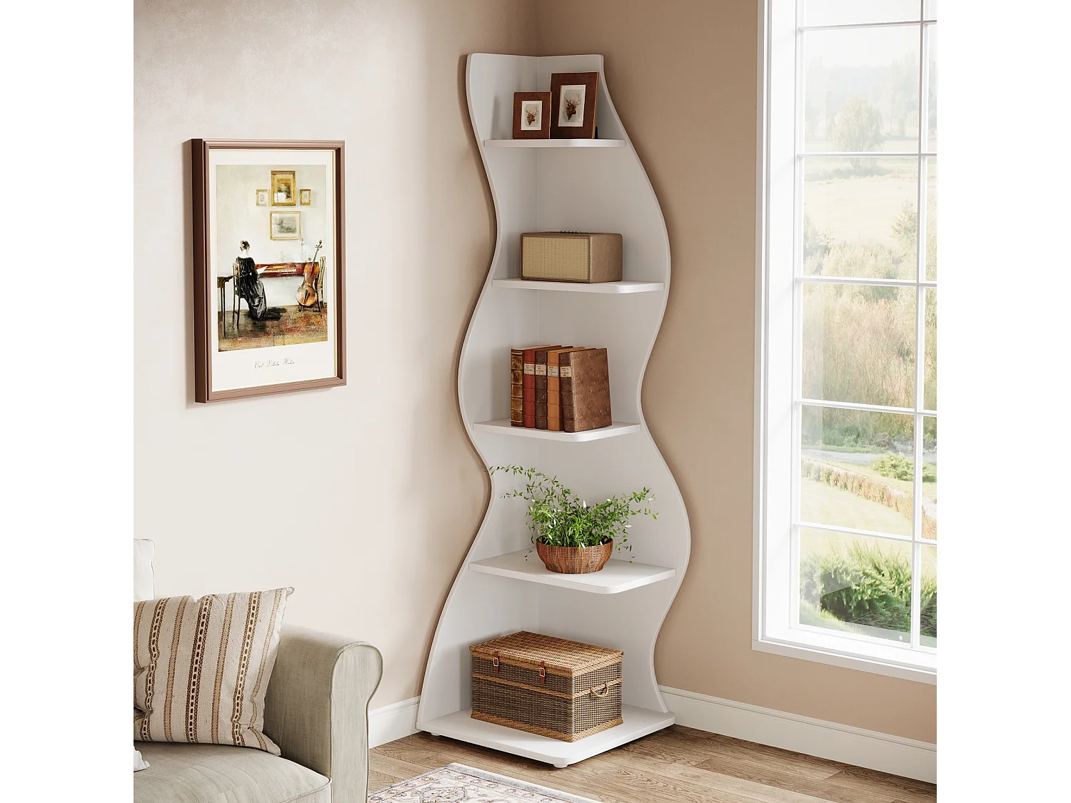 Étagère d'angle Moderne à 5 Niveaux, Petite Bibliothèque d'angle élégante, Support de Plante unité d'organisation avec Forme Unique, Blanc