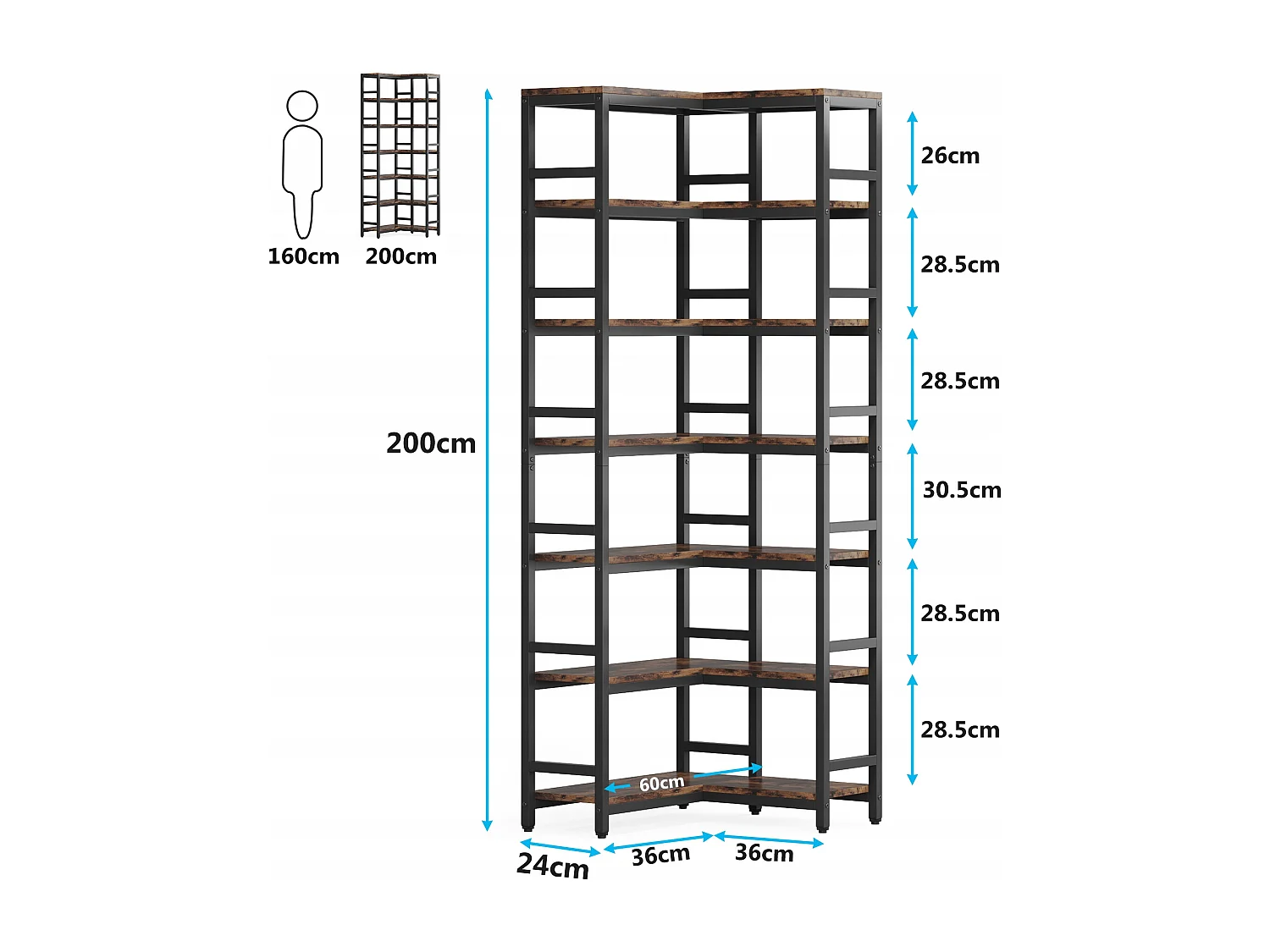 Libreria angolare a 7 ripiani, grande libreria angolare industriale, libreria angolare indipendente con struttura in metallo, marrone rustico