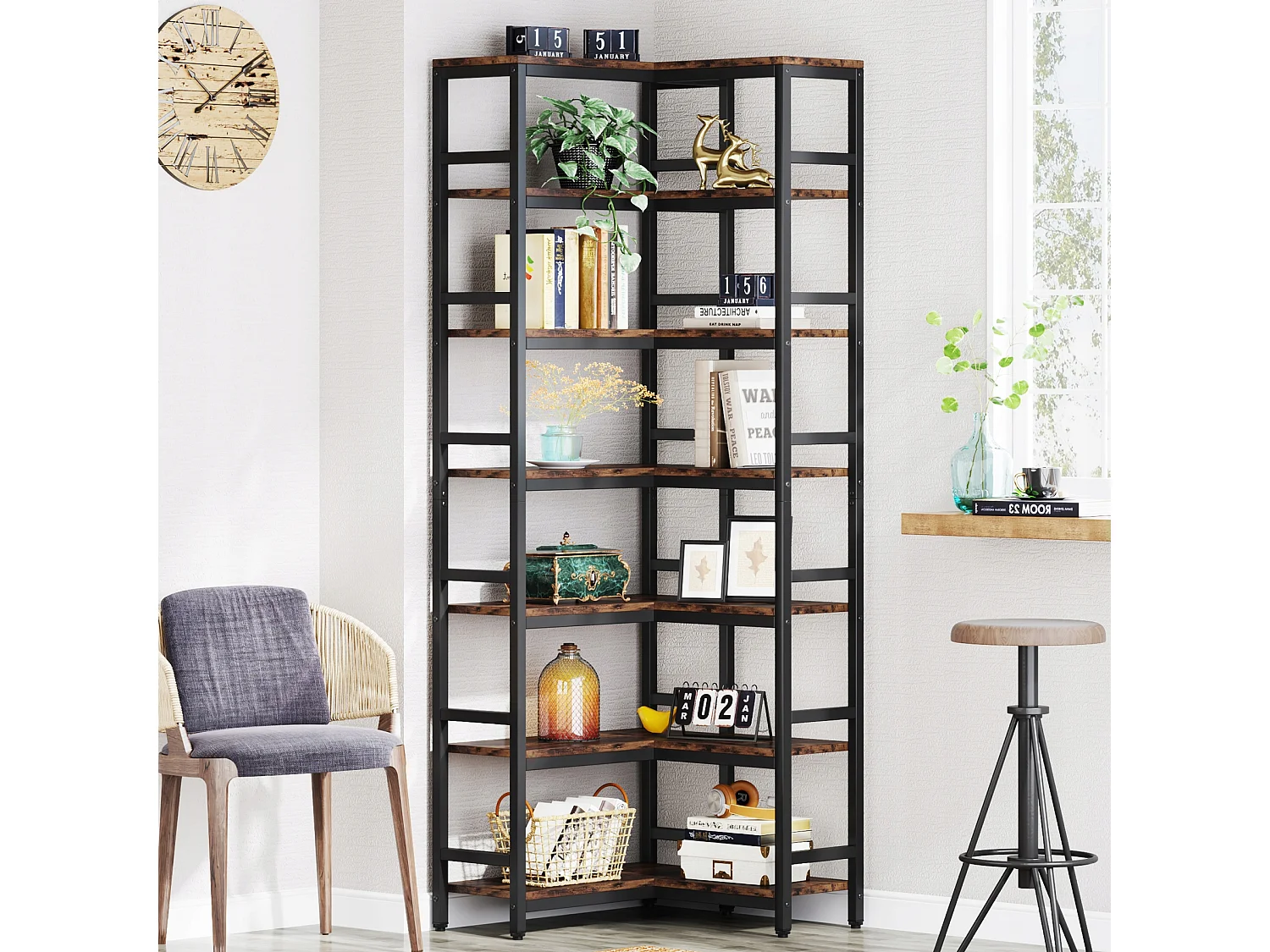 Libreria angolare a 7 ripiani, grande libreria angolare industriale, libreria angolare indipendente con struttura in metallo, marrone rustico
