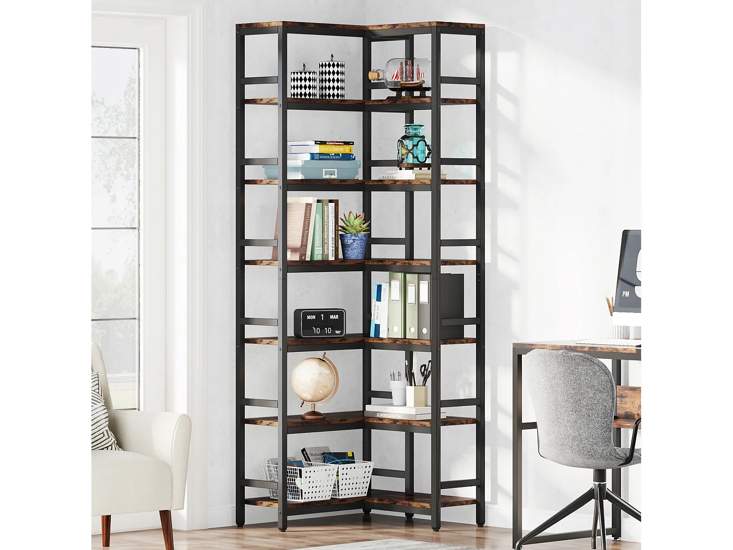 Libreria angolare a 7 ripiani, grande libreria angolare industriale, libreria angolare indipendente con struttura in metallo, marrone rustico