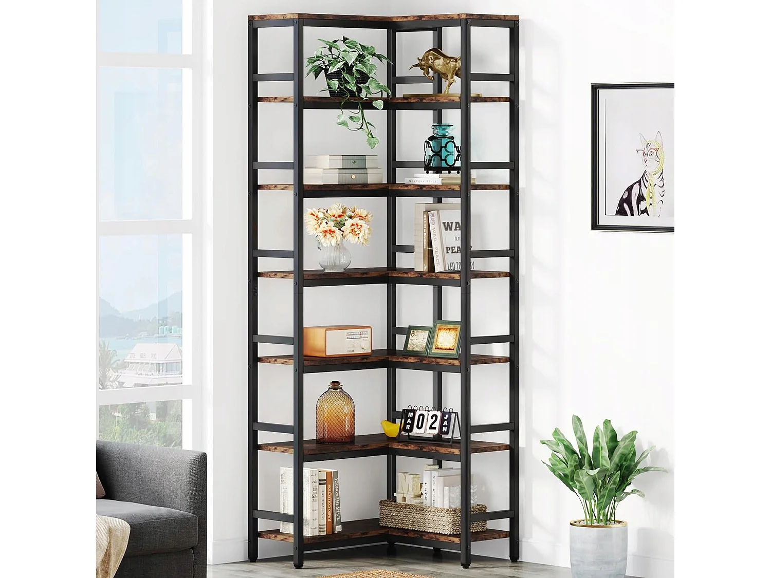 Bibliothèque d'angle 7 étagères, Grande étagère d'angle Industrielle, étagère d'angle sur Pied avec Cadre en métal, Marron Rustique