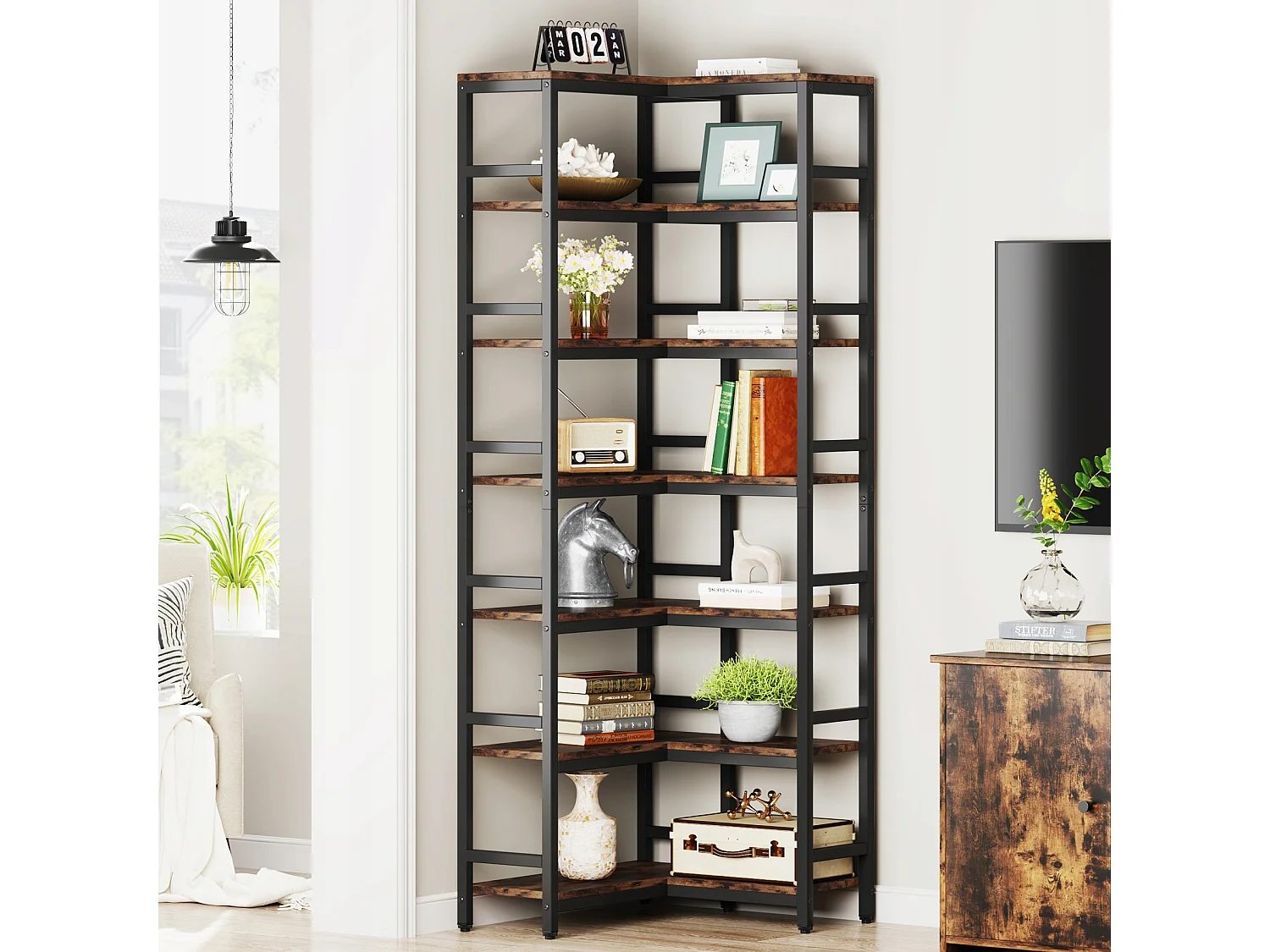 Bibliothèque d'angle 7 étagères, Grande étagère d'angle Industrielle, étagère d'angle sur Pied avec Cadre en métal, Marron Rustique
