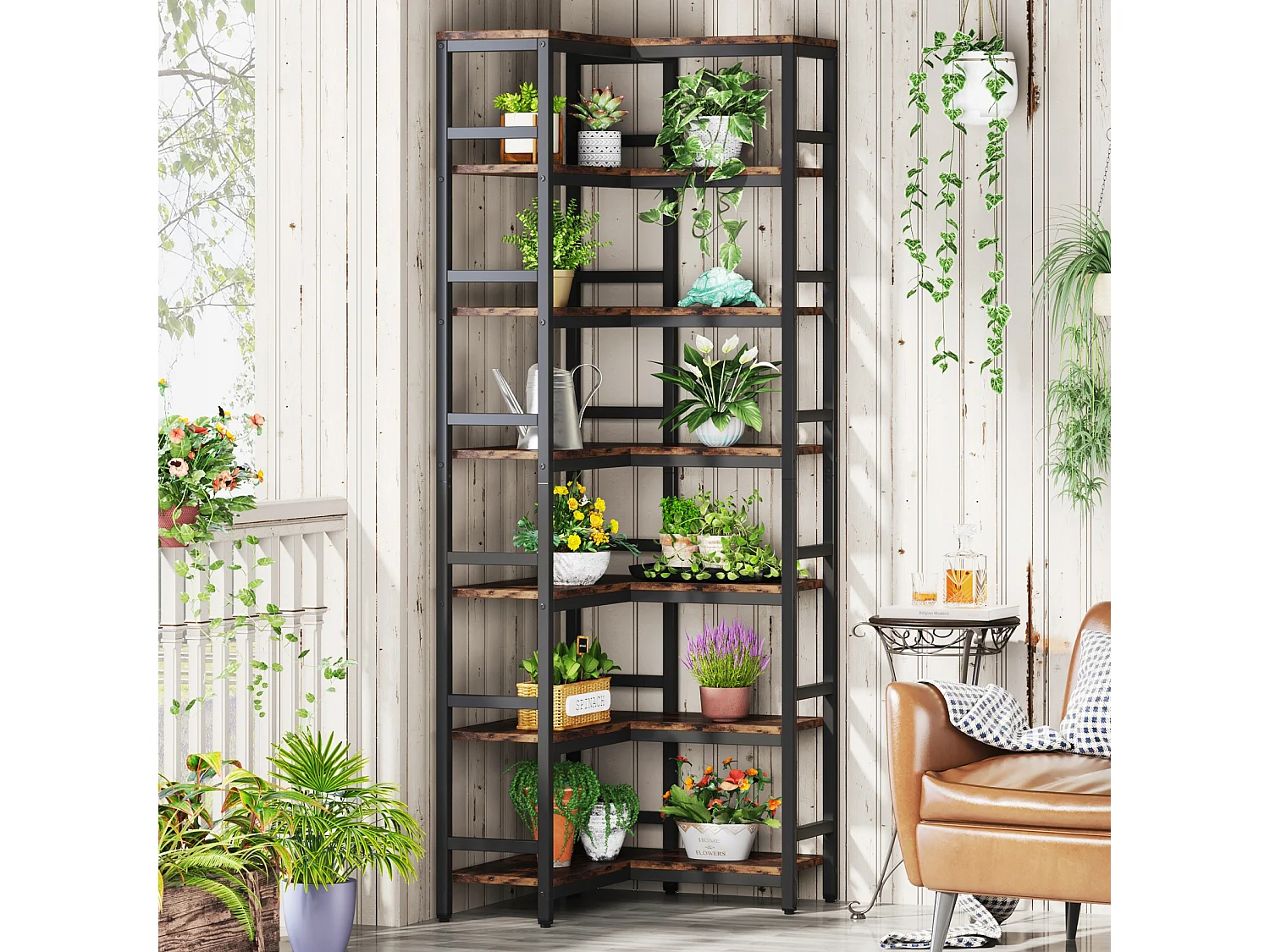 Bibliothèque d'angle 7 étagères, Grande étagère d'angle Industrielle, étagère d'angle sur Pied avec Cadre en métal, Marron Rustique