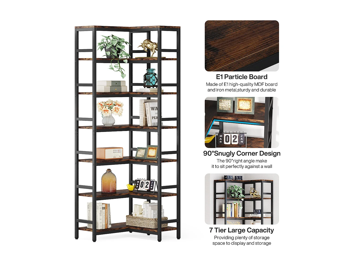 Bibliothèque d'angle 7 étagères, Grande étagère d'angle Industrielle, étagère d'angle sur Pied avec Cadre en métal, Marron Rustique