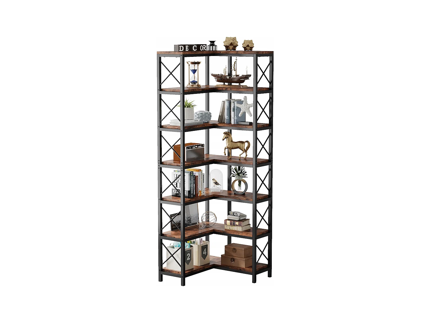 Bibliothèque d'angle, Grande étagère d'angle Industrielle, étagère d'angle sur Pied avec Cadre en métal pour Salon