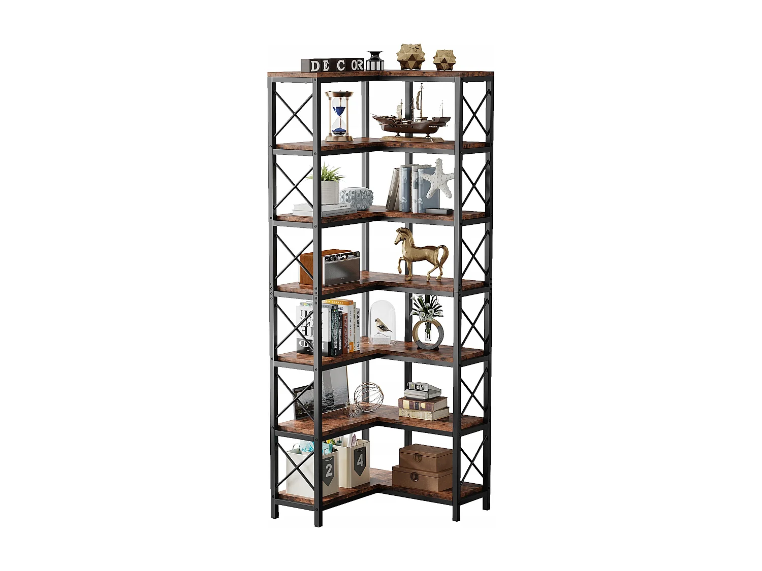 Bibliothèque d'angle, Grande étagère d'angle Industrielle, étagère d'angle sur Pied avec Cadre en métal pour Salon