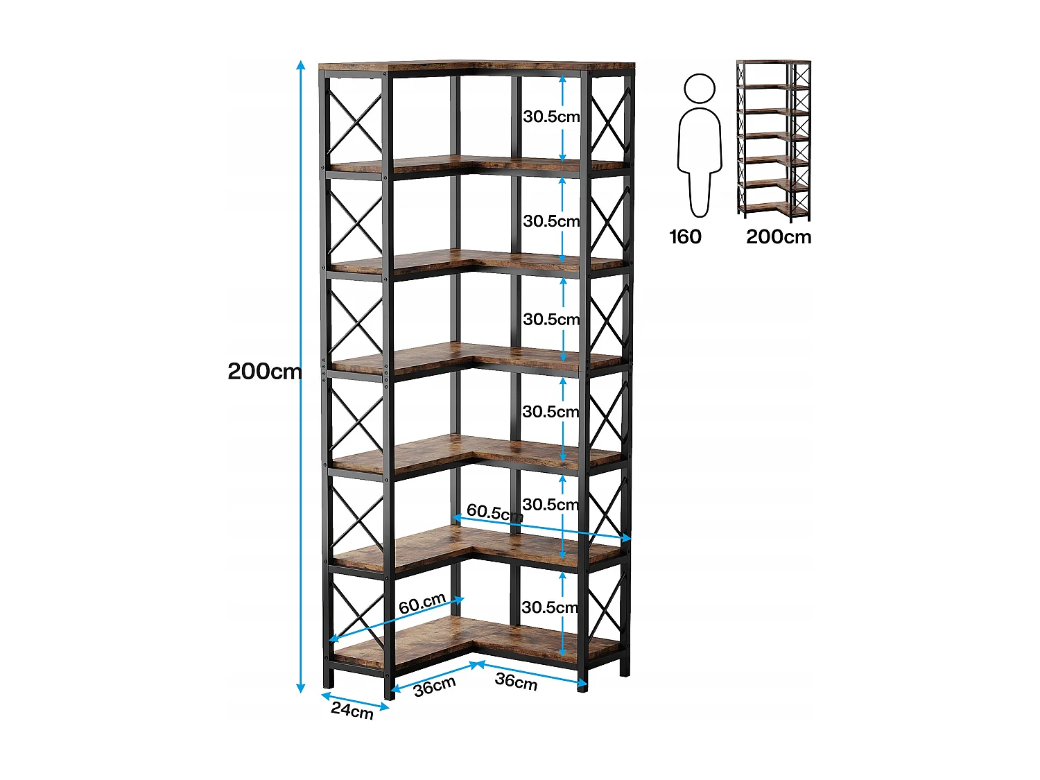Bibliothèque d'angle, Grande étagère d'angle Industrielle, étagère d'angle sur Pied avec Cadre en métal pour Salon