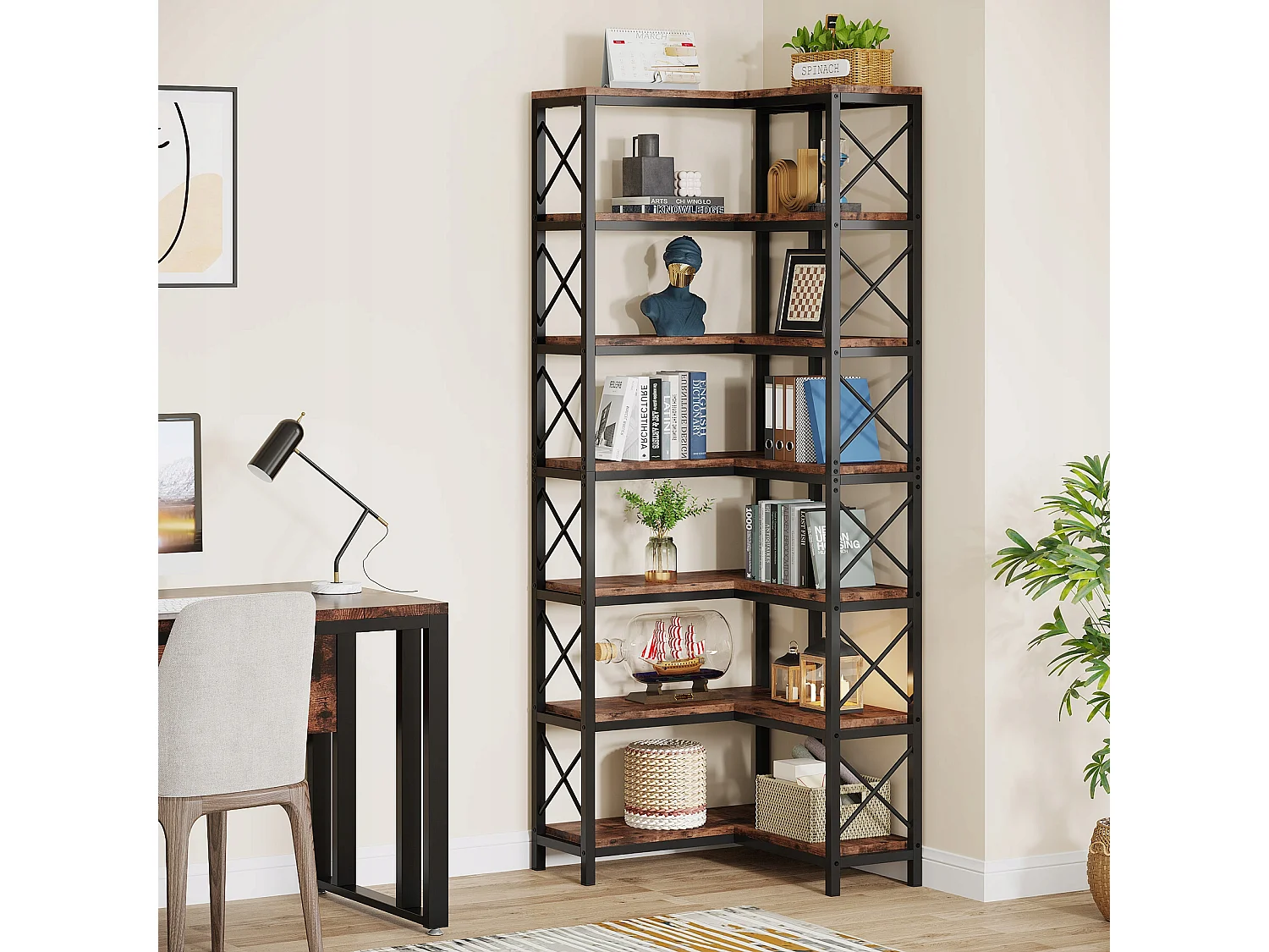 Bibliothèque d'angle, Grande étagère d'angle Industrielle, étagère d'angle sur Pied avec Cadre en métal pour Salon