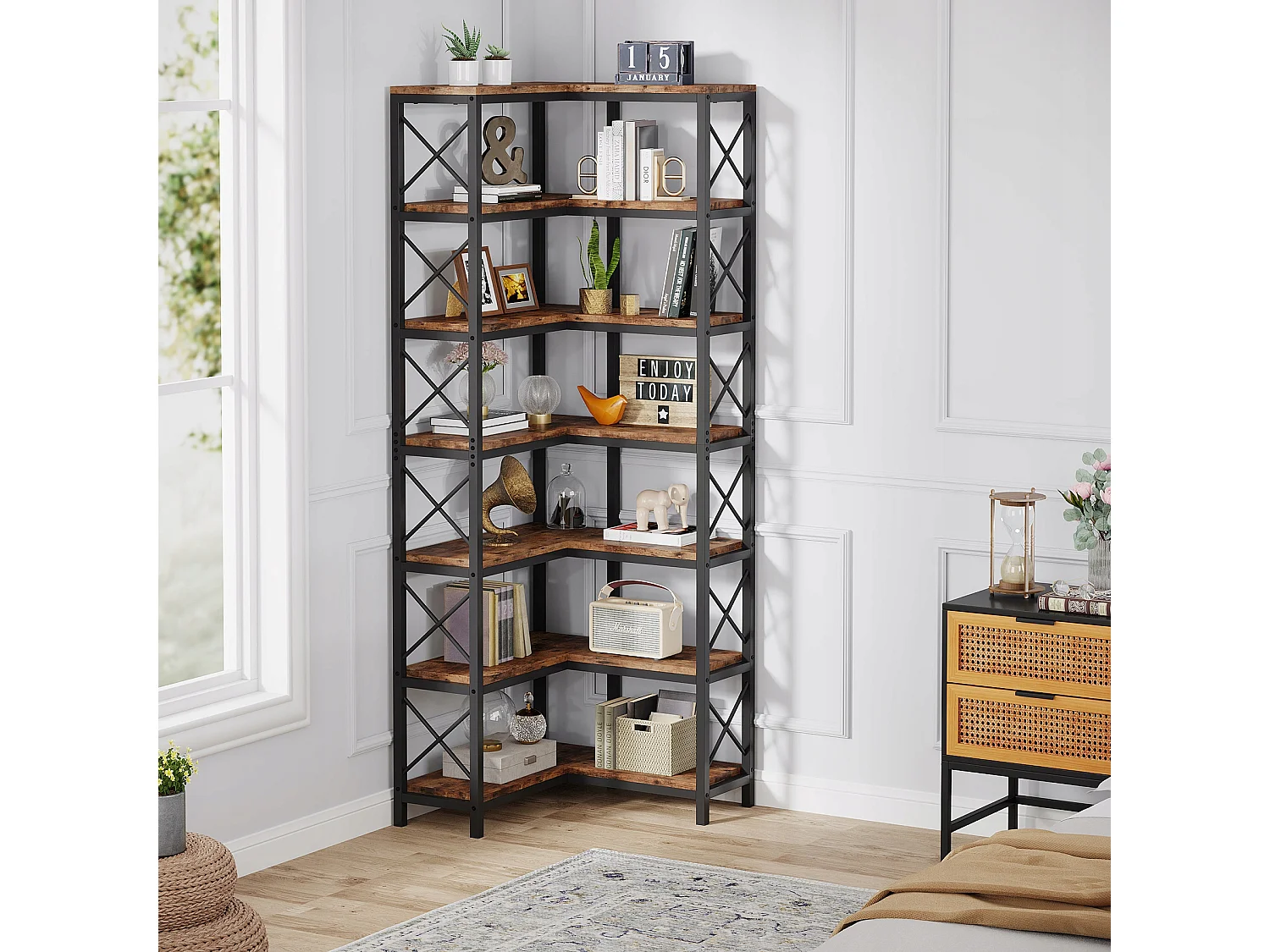 Bibliothèque d'angle, Grande étagère d'angle Industrielle, étagère d'angle sur Pied avec Cadre en métal pour Salon