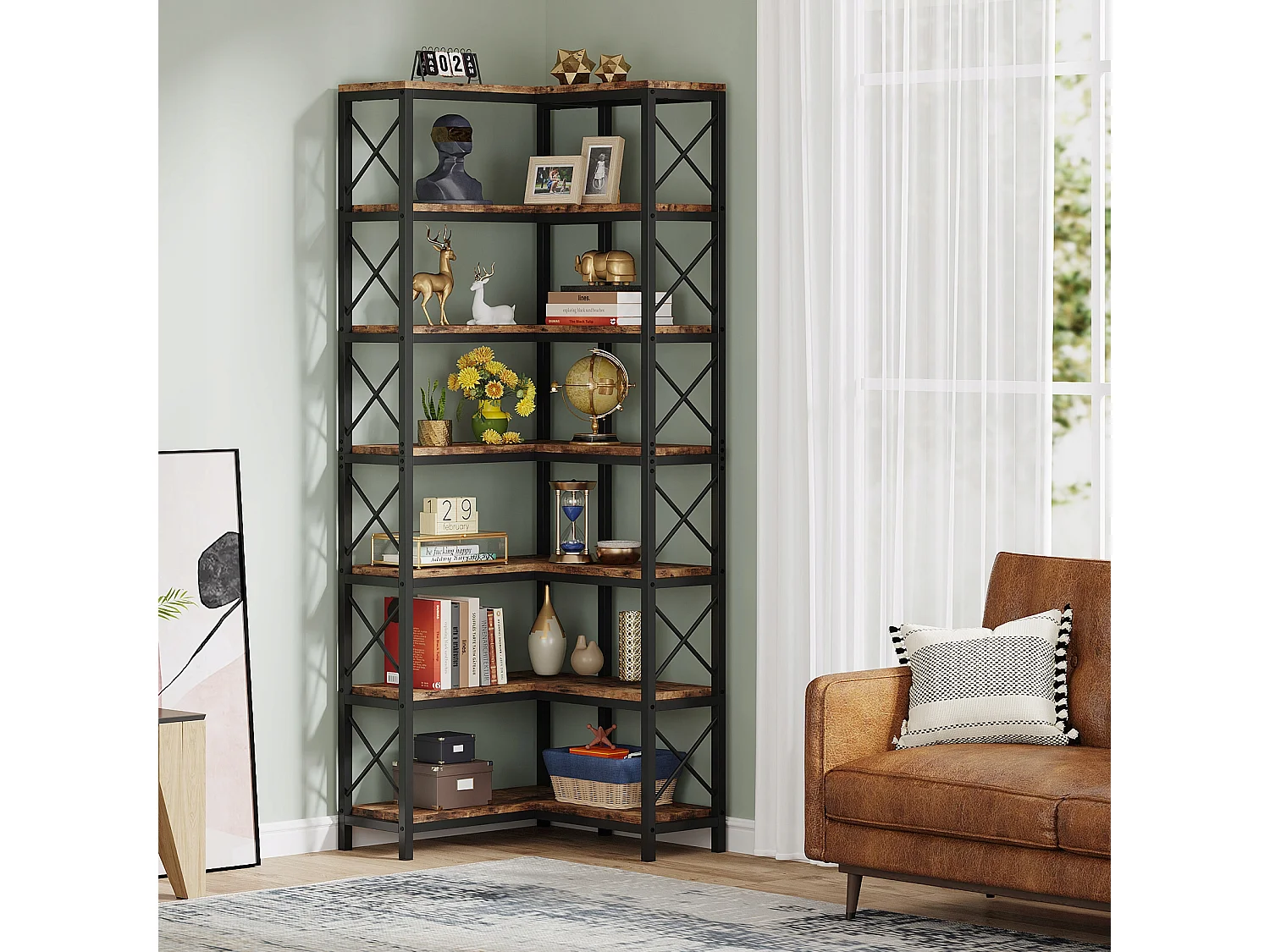 Bibliothèque d'angle, Grande étagère d'angle Industrielle, étagère d'angle sur Pied avec Cadre en métal pour Salon