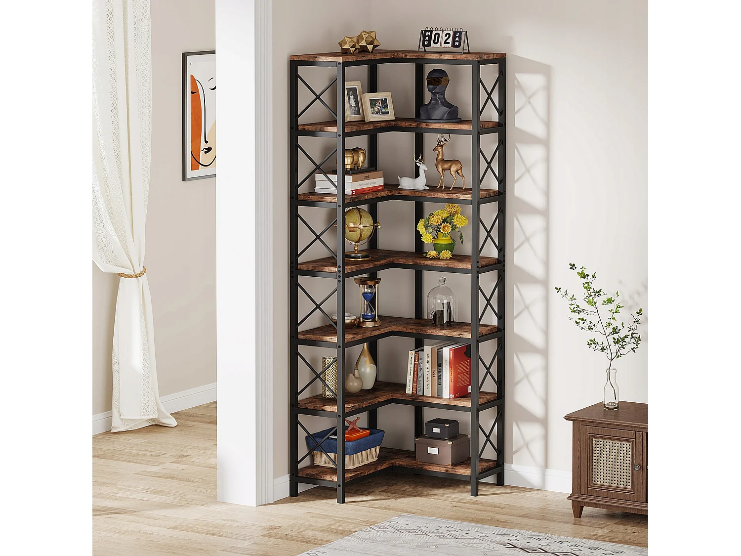 Bibliothèque d'angle, Grande étagère d'angle Industrielle, étagère d'angle sur Pied avec Cadre en métal pour Salon