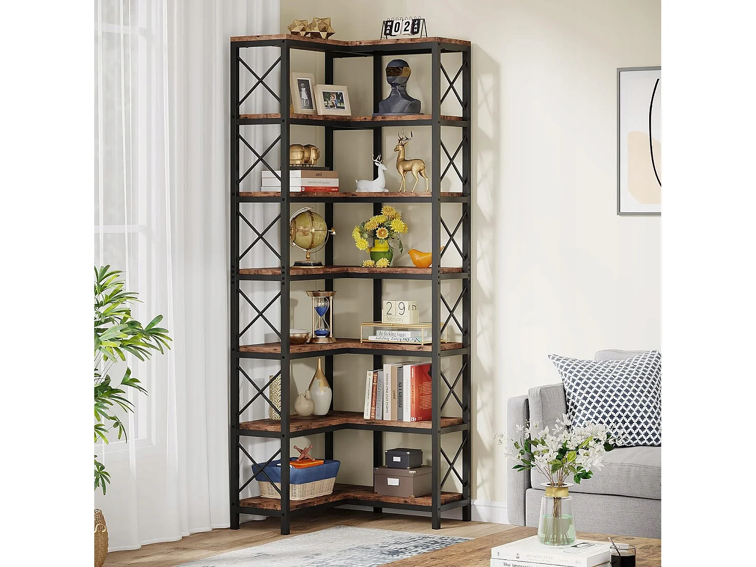 Libreria angolare, grande mensola angolare industriale, mensola angolare indipendente con struttura in metallo per soggiorno, casa, ufficio (marrone rustico) (7 ripiani)