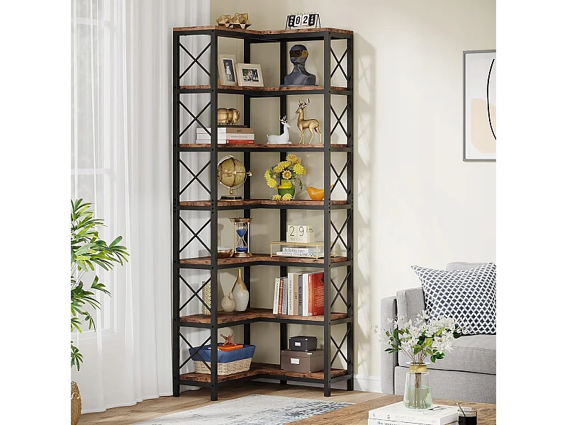 Hoekboekenkast, grote industriële hoekplank, vrijstaande hoekplank met metalen frame voor woonkamer, huis, kantoor (rustiek bruin) (7 planken)