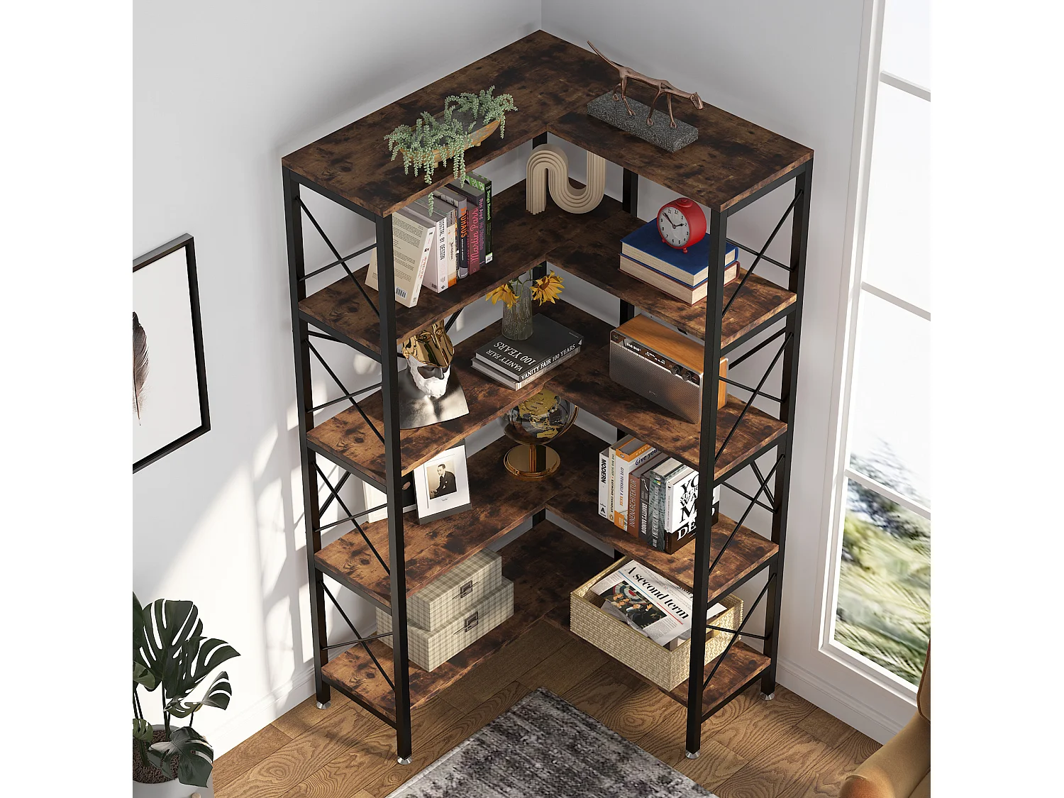 Tribesigns Hoekboekenkast, Grote Industriële Hoekplank, Vrijstaande Hoekplank met Metalen Frame voor Woonkamer, Huis, Kantoor, Rustiek Bruin (5 Planken-Zwart)