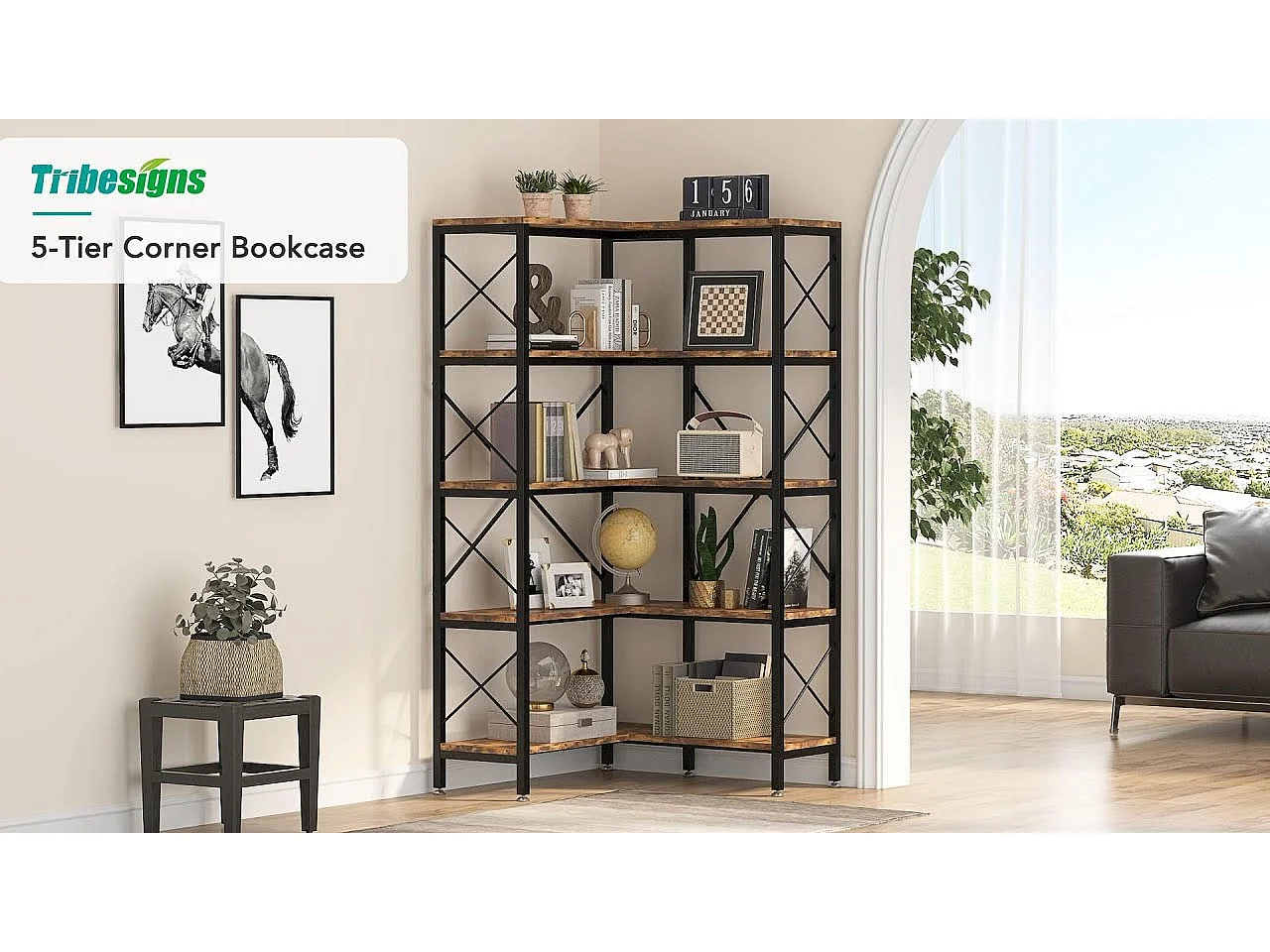 Tribesigns Bibliothèque d'angle, Grande étagère d'angle Industrielle, étagère d'angle sur Pied avec Cadre en métal pour Salon, Maison, Bureau, Marron Rustique (5 étagères-Noir)