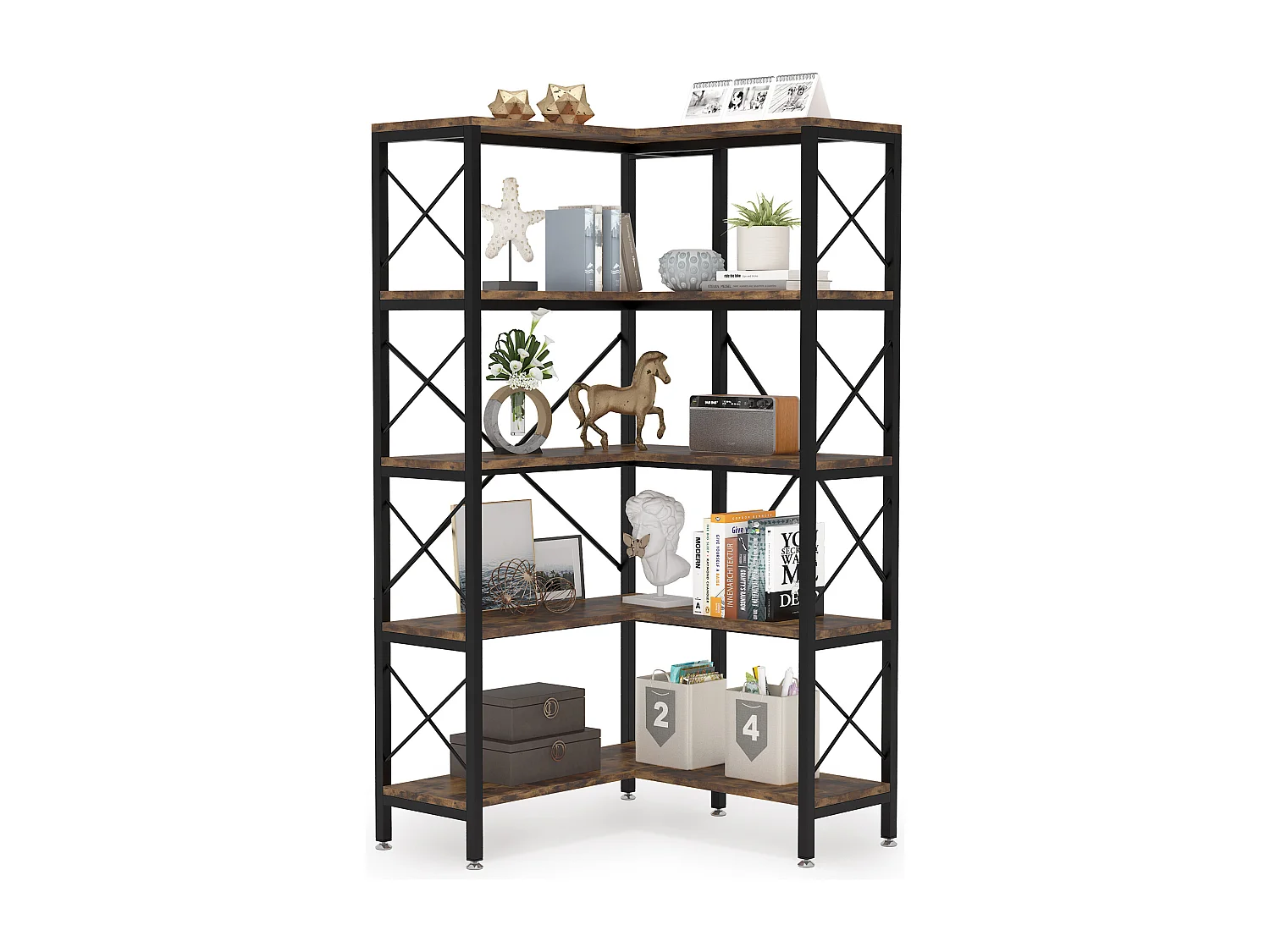 Tribesigns Hoekboekenkast, Grote Industriële Hoekplank, Vrijstaande Hoekplank met Metalen Frame voor Woonkamer, Huis, Kantoor, Rustiek Bruin (5 Planken-Zwart)