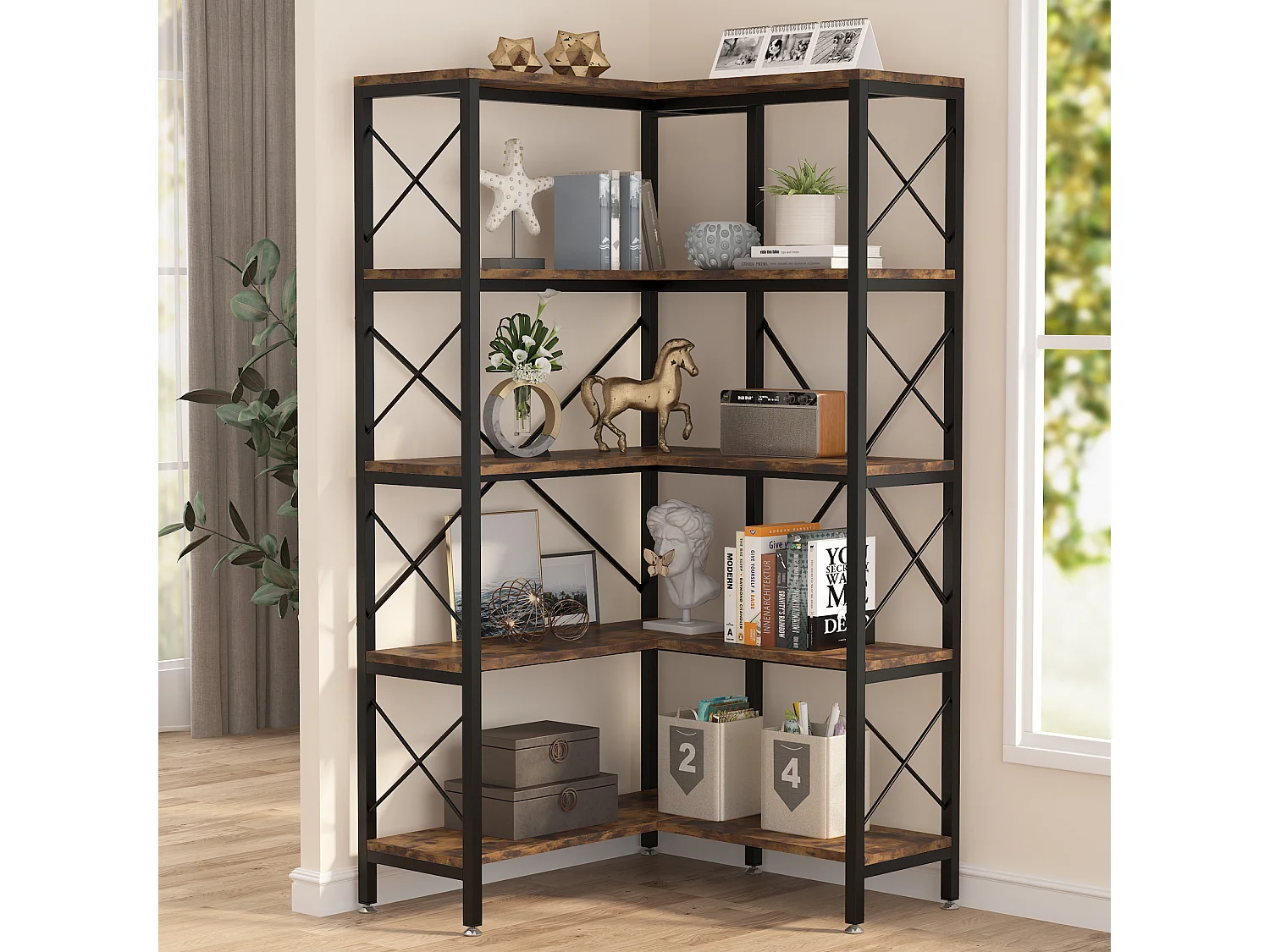 Tribesigns Hoekboekenkast, Grote Industriële Hoekplank, Vrijstaande Hoekplank met Metalen Frame voor Woonkamer, Huis, Kantoor, Rustiek Bruin (5 Planken-Zwart)