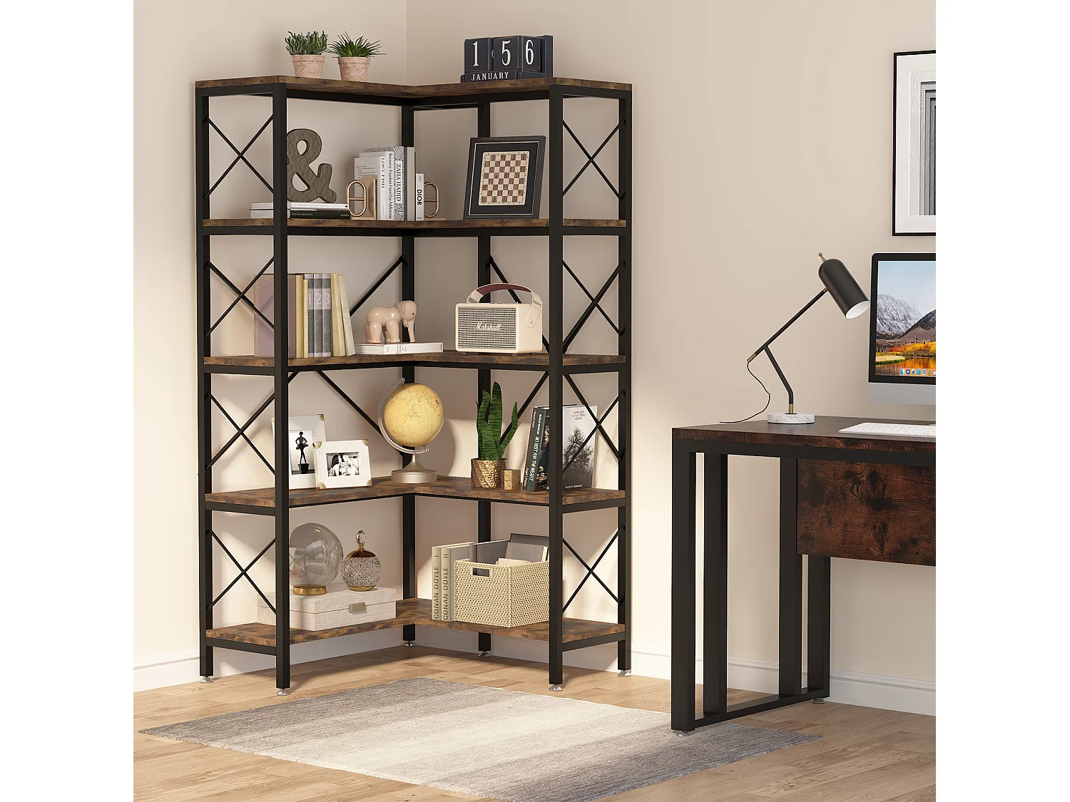 Tribesigns Hoekboekenkast, Grote Industriële Hoekplank, Vrijstaande Hoekplank met Metalen Frame voor Woonkamer, Huis, Kantoor, Rustiek Bruin (5 Planken-Zwart)