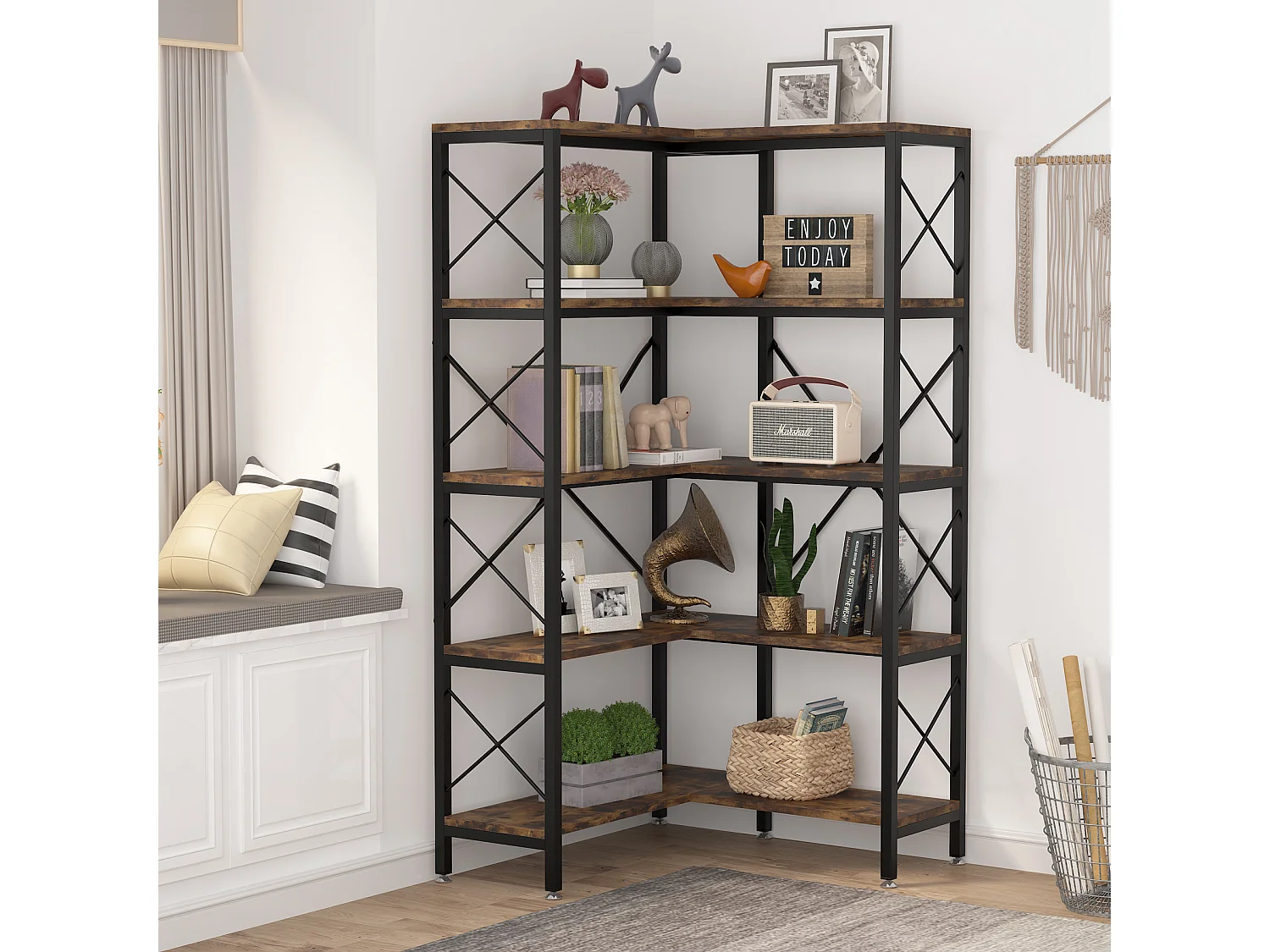 Tribesigns Hoekboekenkast, Grote Industriële Hoekplank, Vrijstaande Hoekplank met Metalen Frame voor Woonkamer, Huis, Kantoor, Rustiek Bruin (5 Planken-Zwart)