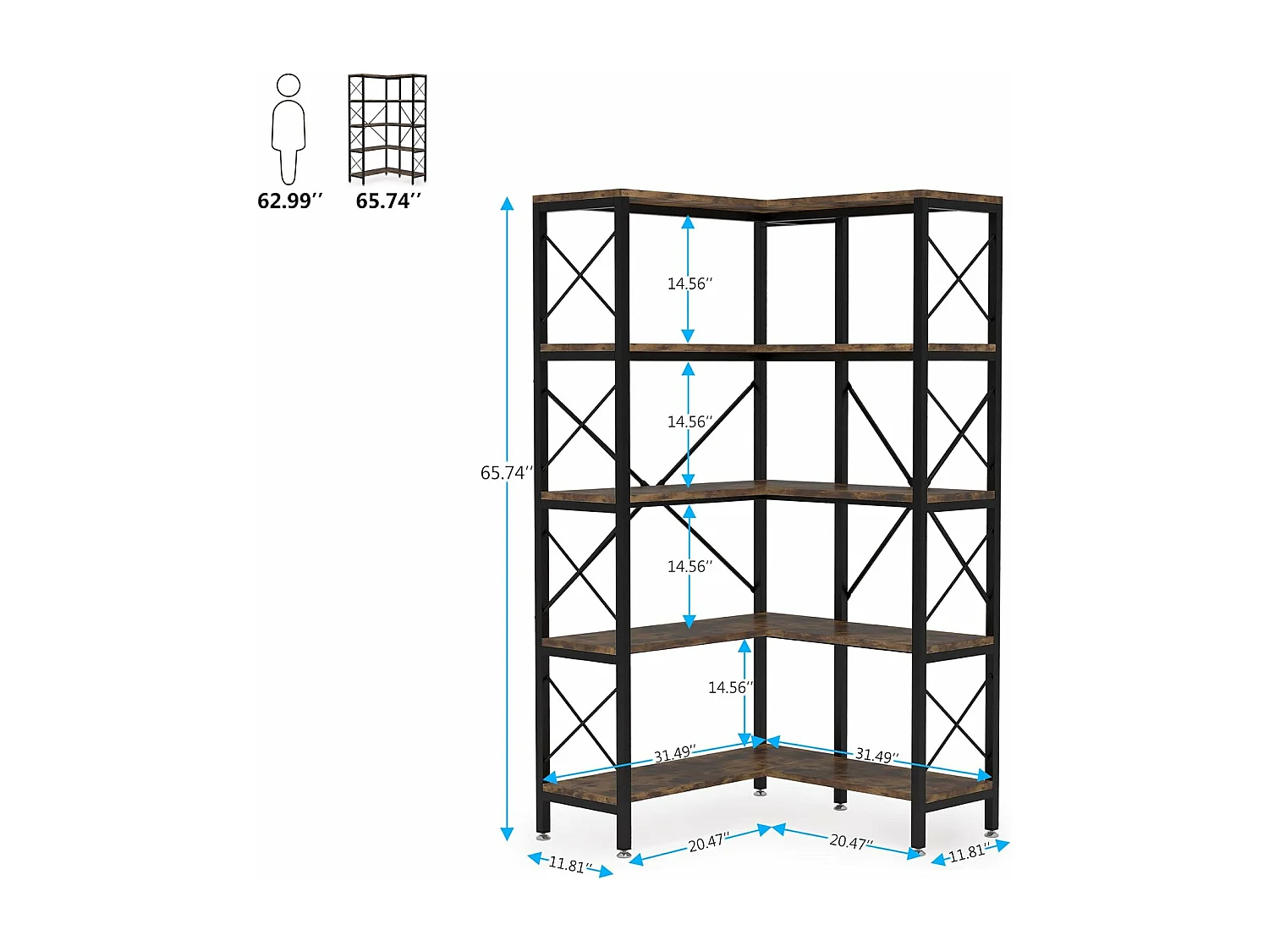 Tribesigns Hoekboekenkast, Grote Industriële Hoekplank, Vrijstaande Hoekplank met Metalen Frame voor Woonkamer, Huis, Kantoor, Rustiek Bruin (5 Planken-Zwart)