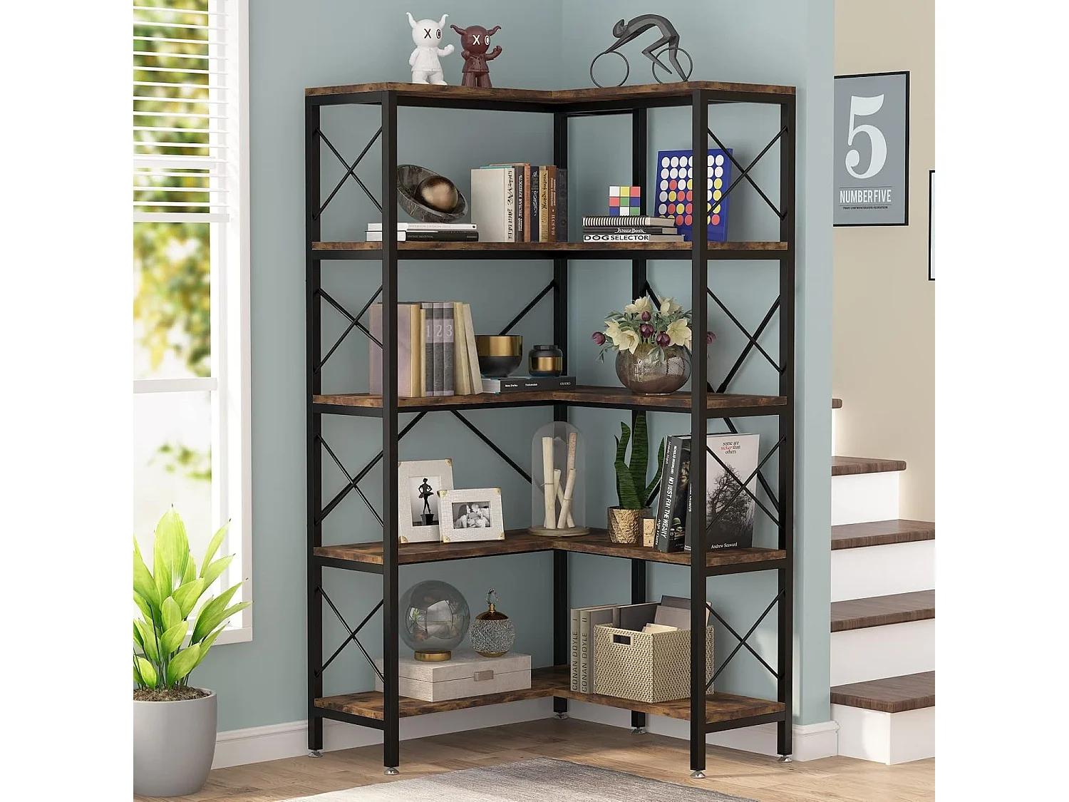 Tribesigns Hoekboekenkast, Grote Industriële Hoekplank, Vrijstaande Hoekplank met Metalen Frame voor Woonkamer, Huis, Kantoor, Rustiek Bruin (5 Planken-Zwart)