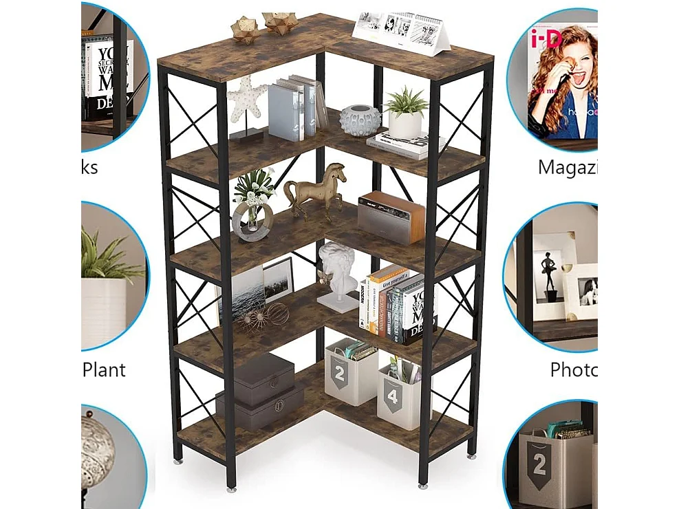 Tribesigns Hoekboekenkast, Grote Industriële Hoekplank, Vrijstaande Hoekplank met Metalen Frame voor Woonkamer, Huis, Kantoor, Rustiek Bruin (5 Planken-Zwart)