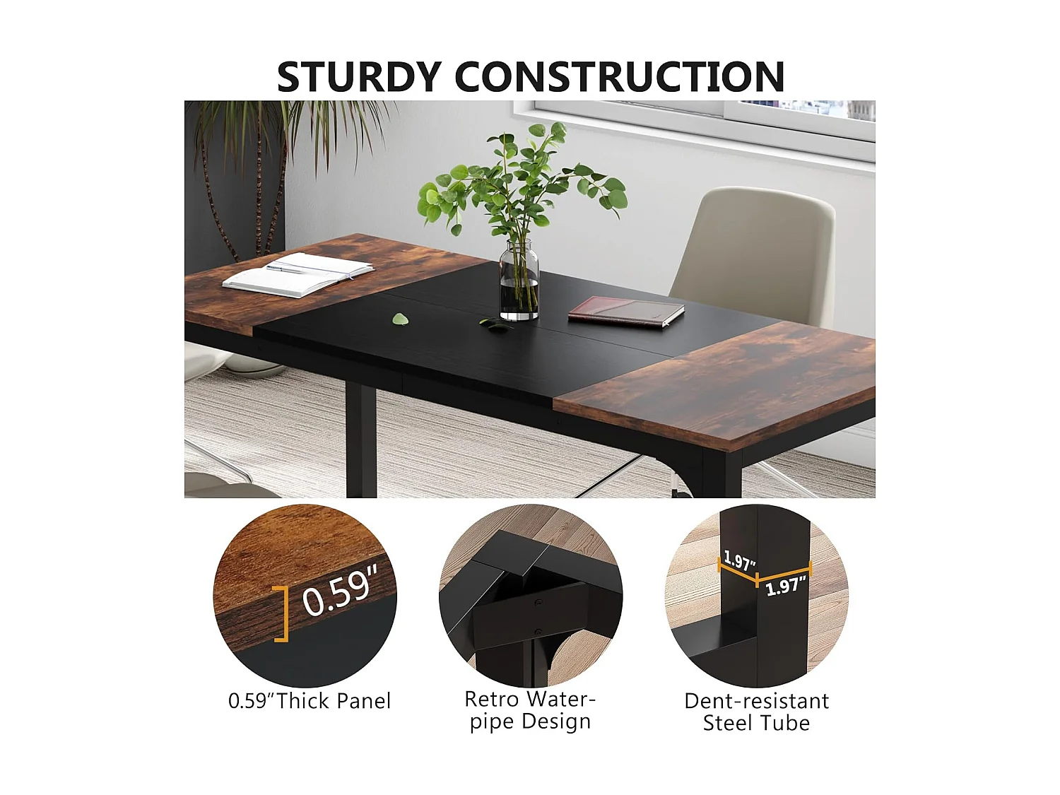 Mesa para portátil, secretária, mesa de estudo para escritório em casa, estação de trabalho para escritório, quarto, fácil de montar, 160 x 80 x 75 cm (castanho rústico + preto)