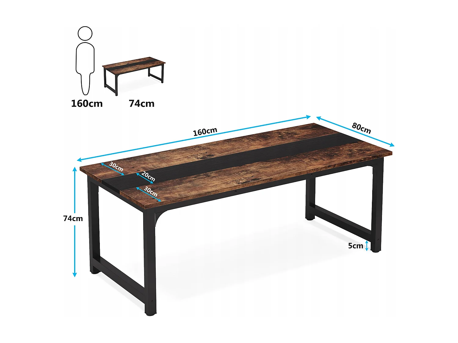 Modern computerbureau, 160 x 80 cm, groot bureau, computertafel, studeertafel, werkplek voor thuiskantoor, rustiek/zwart