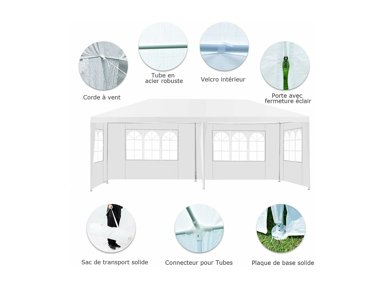 Tonnelle de Jardin Extérieur/Barnum 3x6m-18㎡ Tente de Réception avec 4 Parois Amovibles, Piquets de Terre et Fenêtre sur Côté, Sac de Transport Inclus