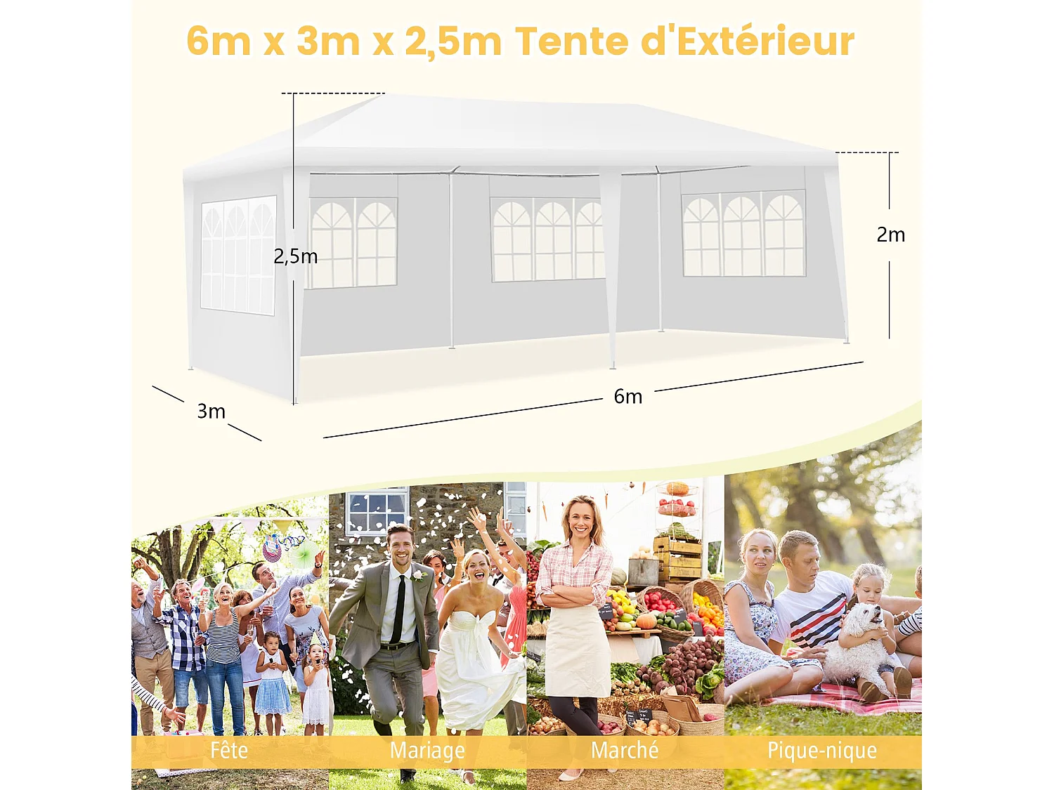 Tonnelle de Jardin Extérieur/Barnum 3x6m-18㎡ Tente de Réception avec 4 Parois Amovibles, Piquets de Terre et Fenêtre sur Côté, Sac de Transport Inclus