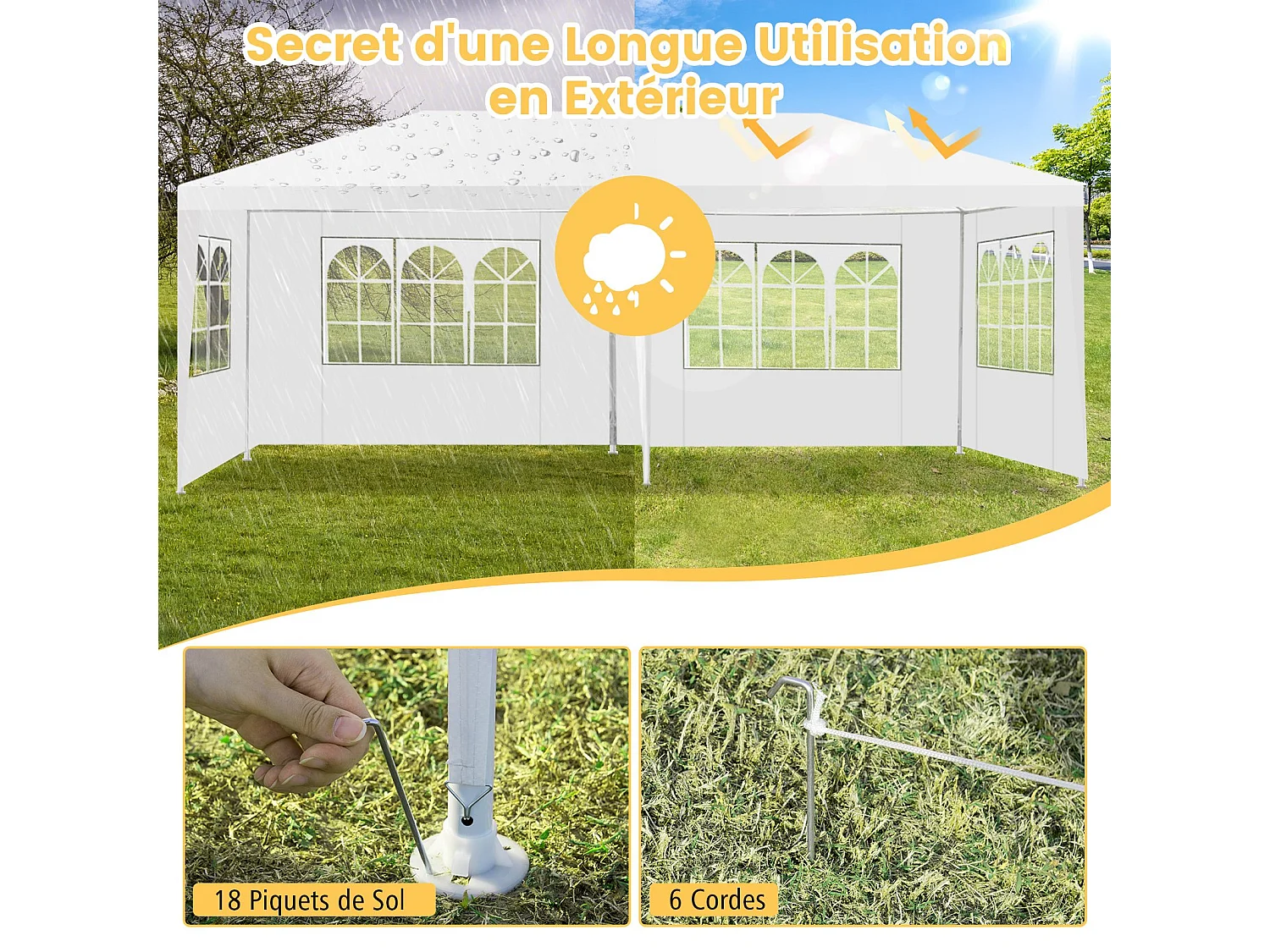 Tonnelle de Jardin Extérieur/Barnum 3x6m-18㎡ Tente de Réception avec 4 Parois Amovibles, Piquets de Terre et Fenêtre sur Côté, Sac de Transport Inclus