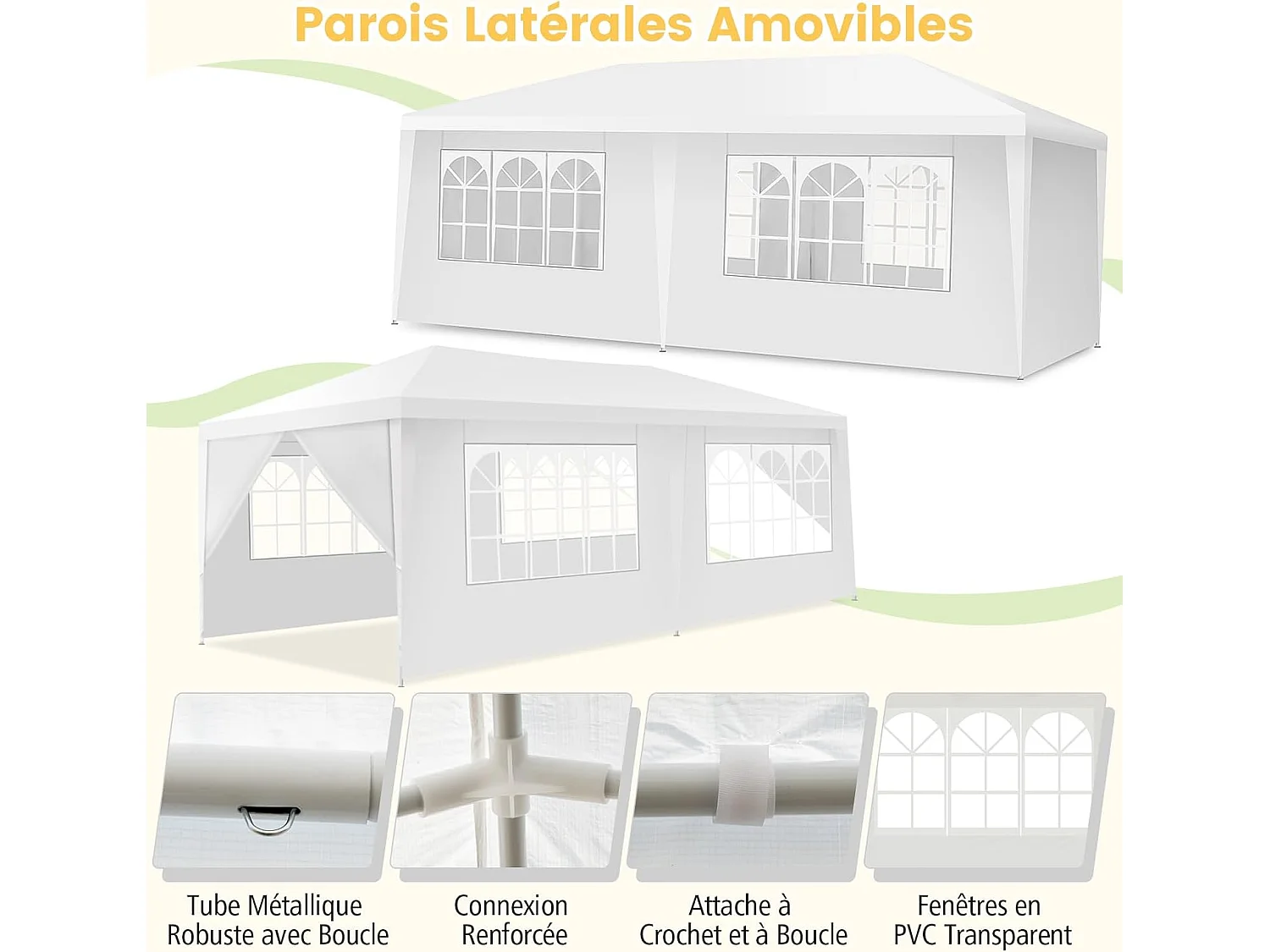 Tonnelle de Jardin Extérieur/Barnum 3x6m-18㎡ Tente de Réception avec 4 Parois Amovibles, Piquets de Terre et Fenêtre sur Côté, Sac de Transport Inclus