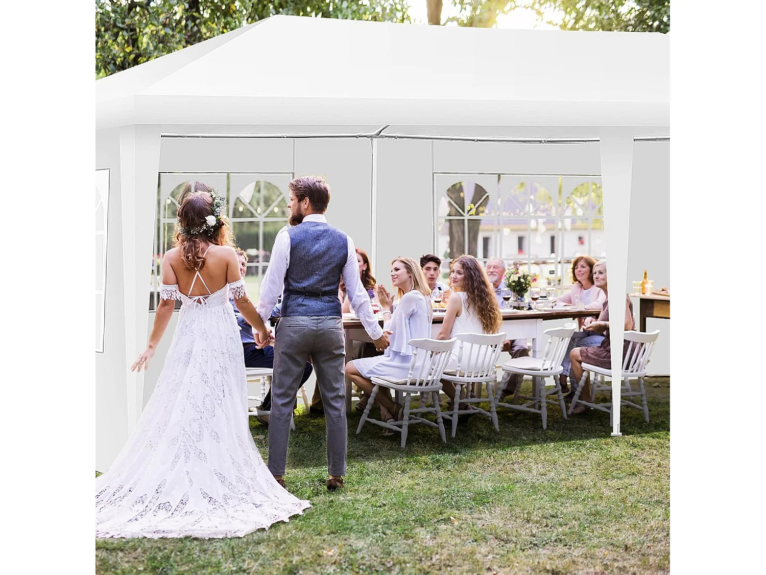 Tonnelle de Jardin Extérieur/Barnum 3x6m-18㎡ Tente de Réception avec 4 Parois Amovibles, Piquets de Terre et Fenêtre sur Côté, Sac de Transport Inclus