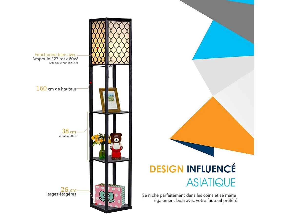 Lampadaire avec 3 niveaux etagère 220-240v,60w design scandinave (ampoule non inclus)