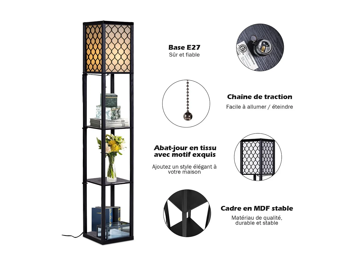 Lampadaire avec 3 niveaux etagère 220-240v,60w design scandinave (ampoule non inclus)
