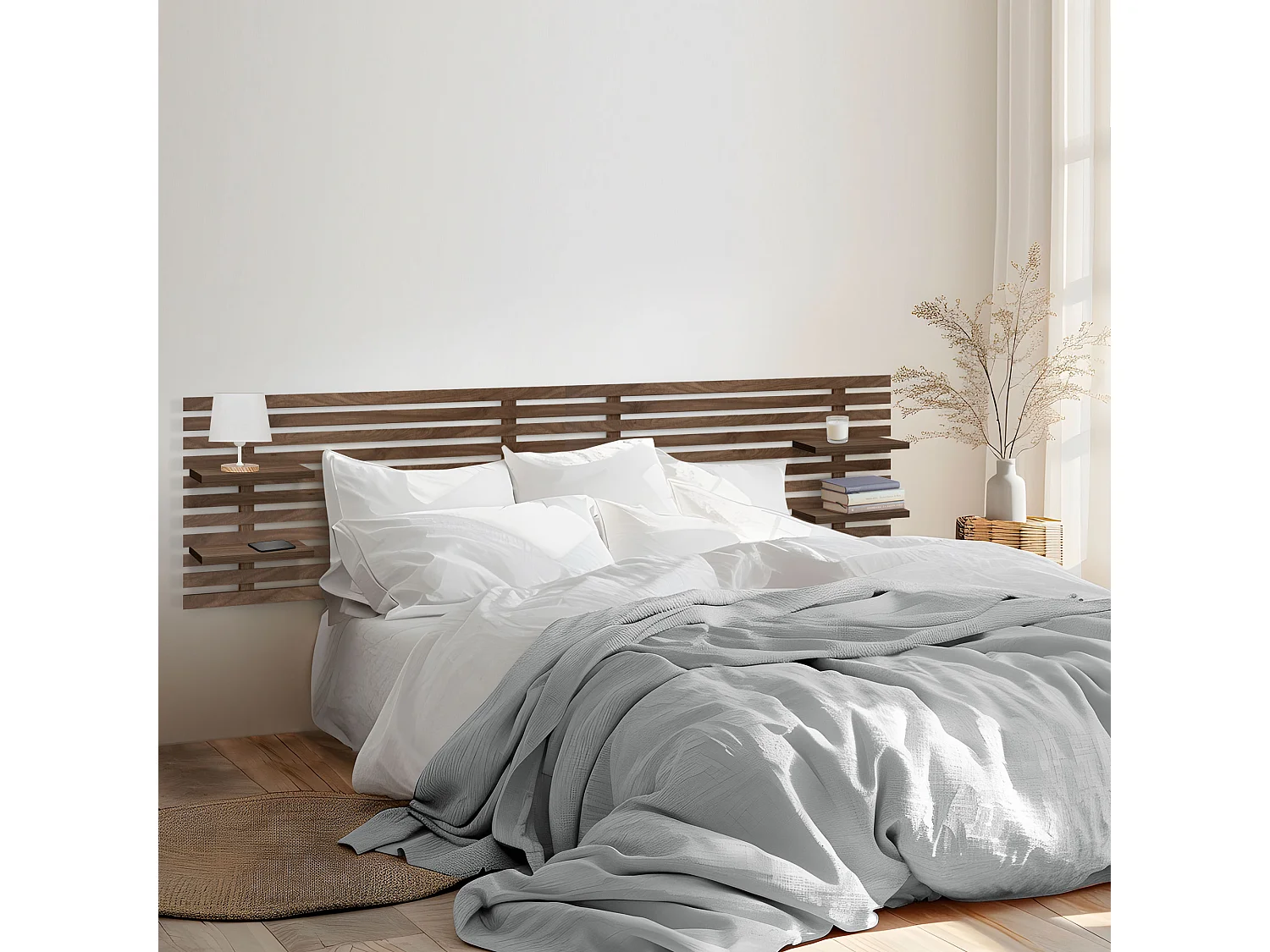 DHOME Tête de lit avec étagères en bois recyclé DM Tenture murale Style palette japonaise Lit nordique vintage (bois de noyer 270 cm)