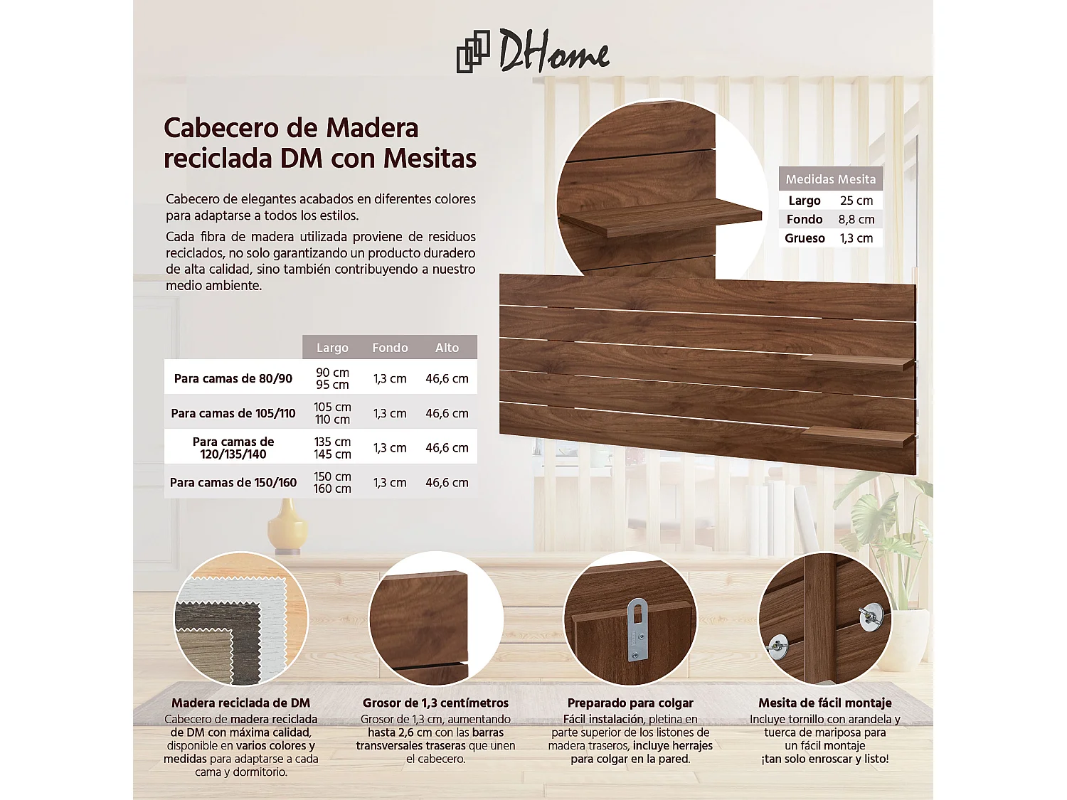 DHOME Testiera con ripiani in legno riciclato DM sospeso a parete in stile pallet orizzontale con gambe Letto vintage nordico (legno di noce 160 cm)