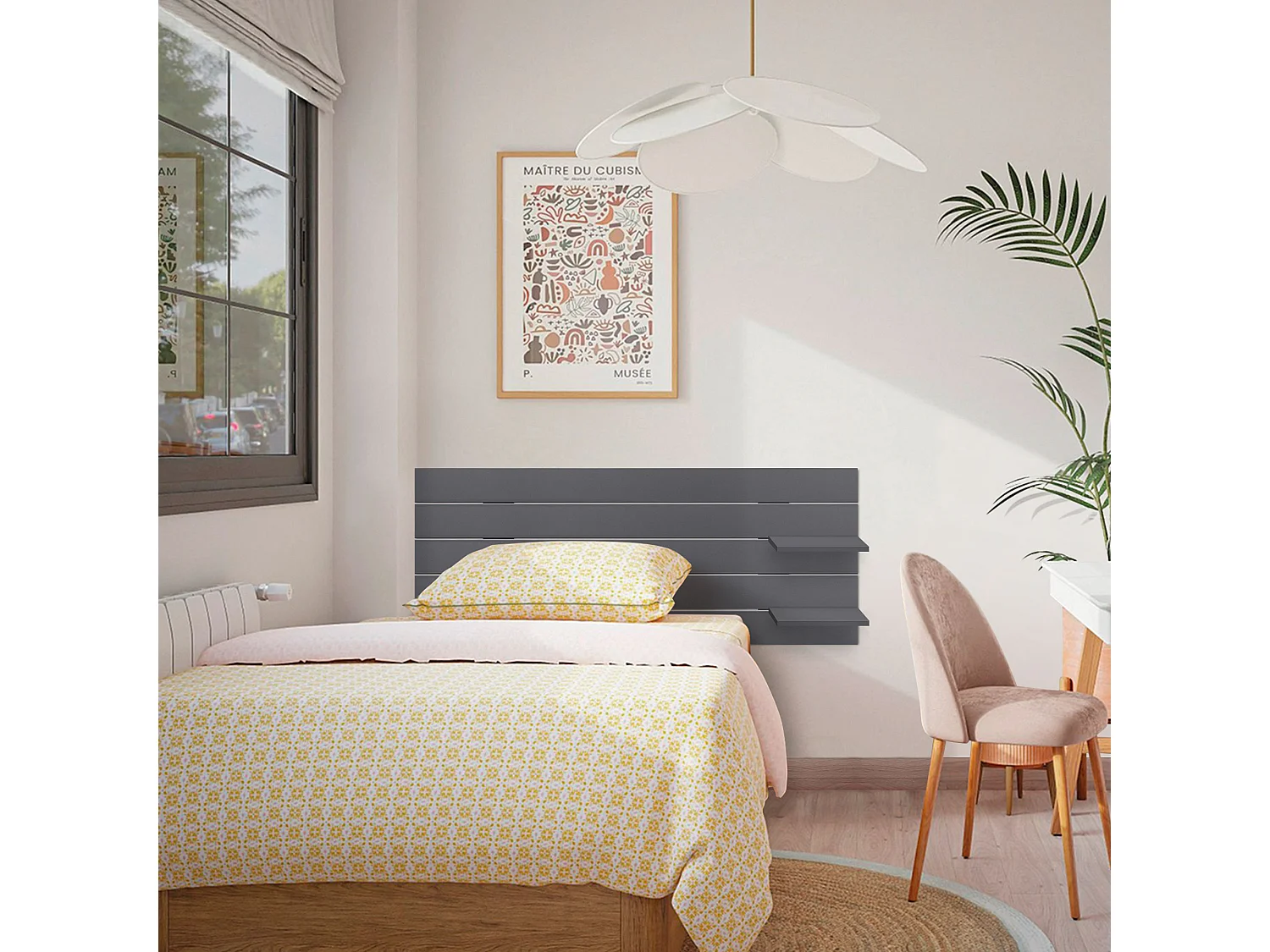 DHOME Kopfteil mit Regalen aus recyceltem Holz, DM-Wandbehang im japanischen Paletten-Stil mit nordischen Vintage-Bettbeinen (160 cm, massives Grau)