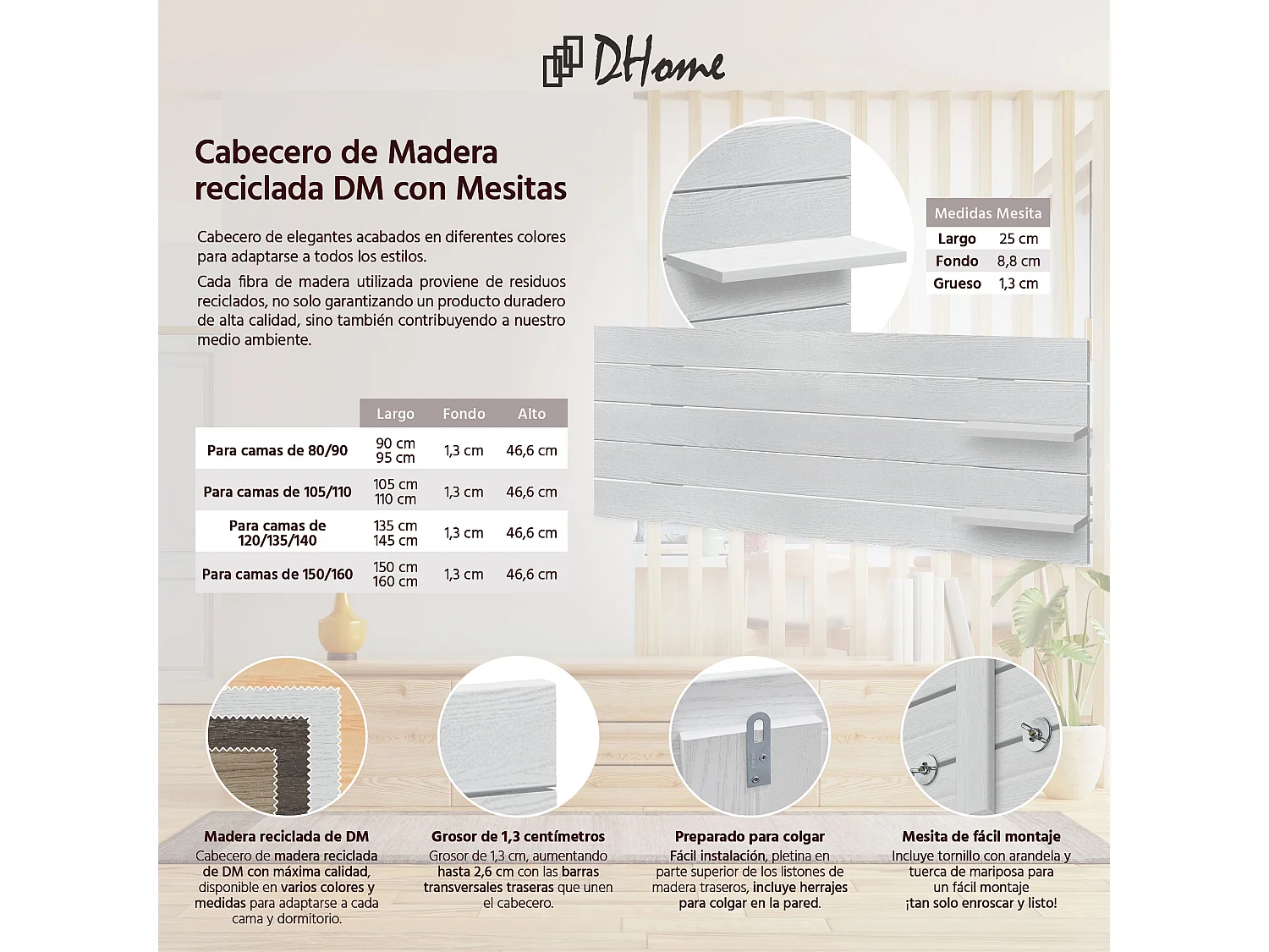 DHOME Tête de lit avec étagères en bois recyclé DM à suspendre au mur style palette japonaise avec pieds de lit nordique vintage (bois blanc 160 cm)