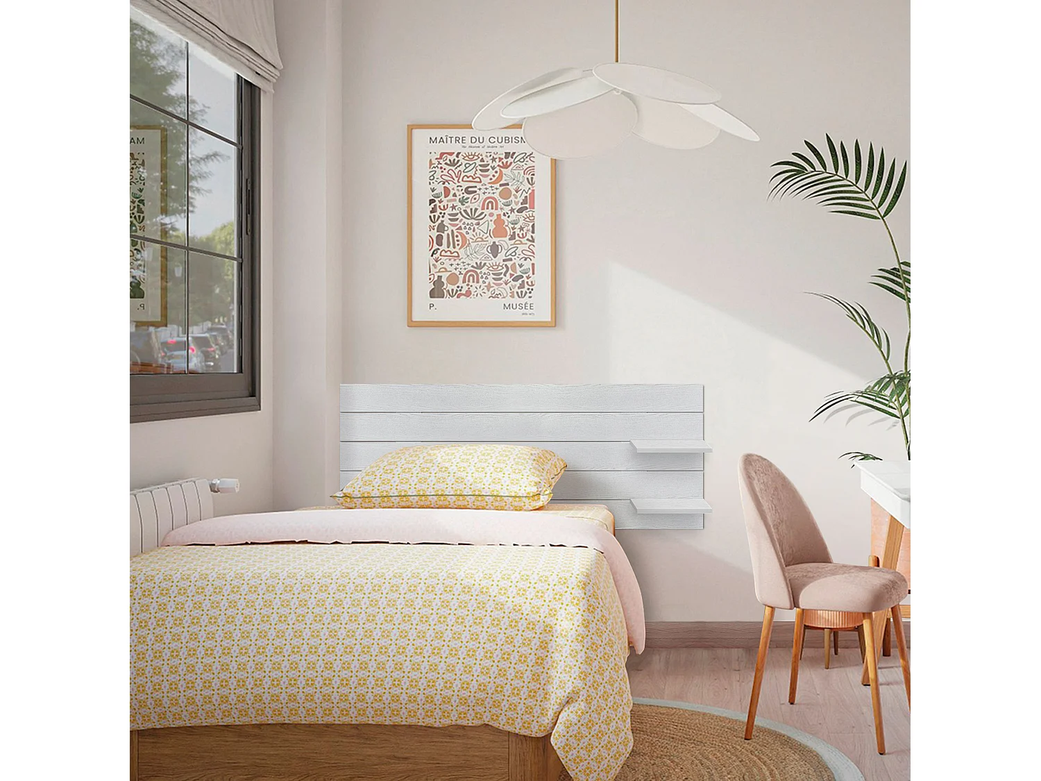 DHOME Testiera con ripiani in legno riciclato DM sospeso a parete in stile pallet giapponese con gambe del letto vintage nordiche (legno bianco 160 cm)