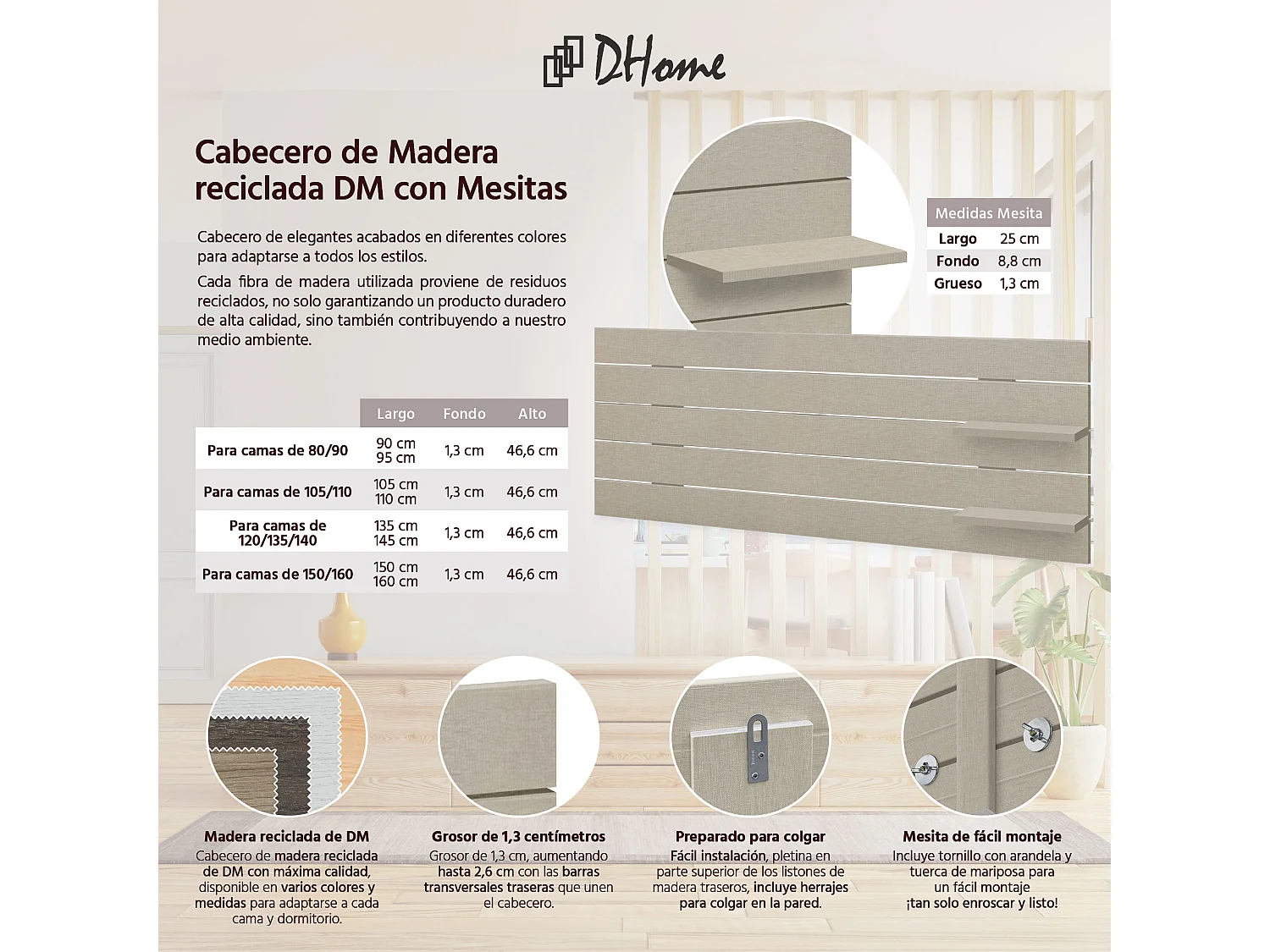 DHOME Tête de lit avec étagères en bois recyclé DM à suspendre au mur style palette japonaise avec pieds de lit nordique vintage (finition lin 160 cm)