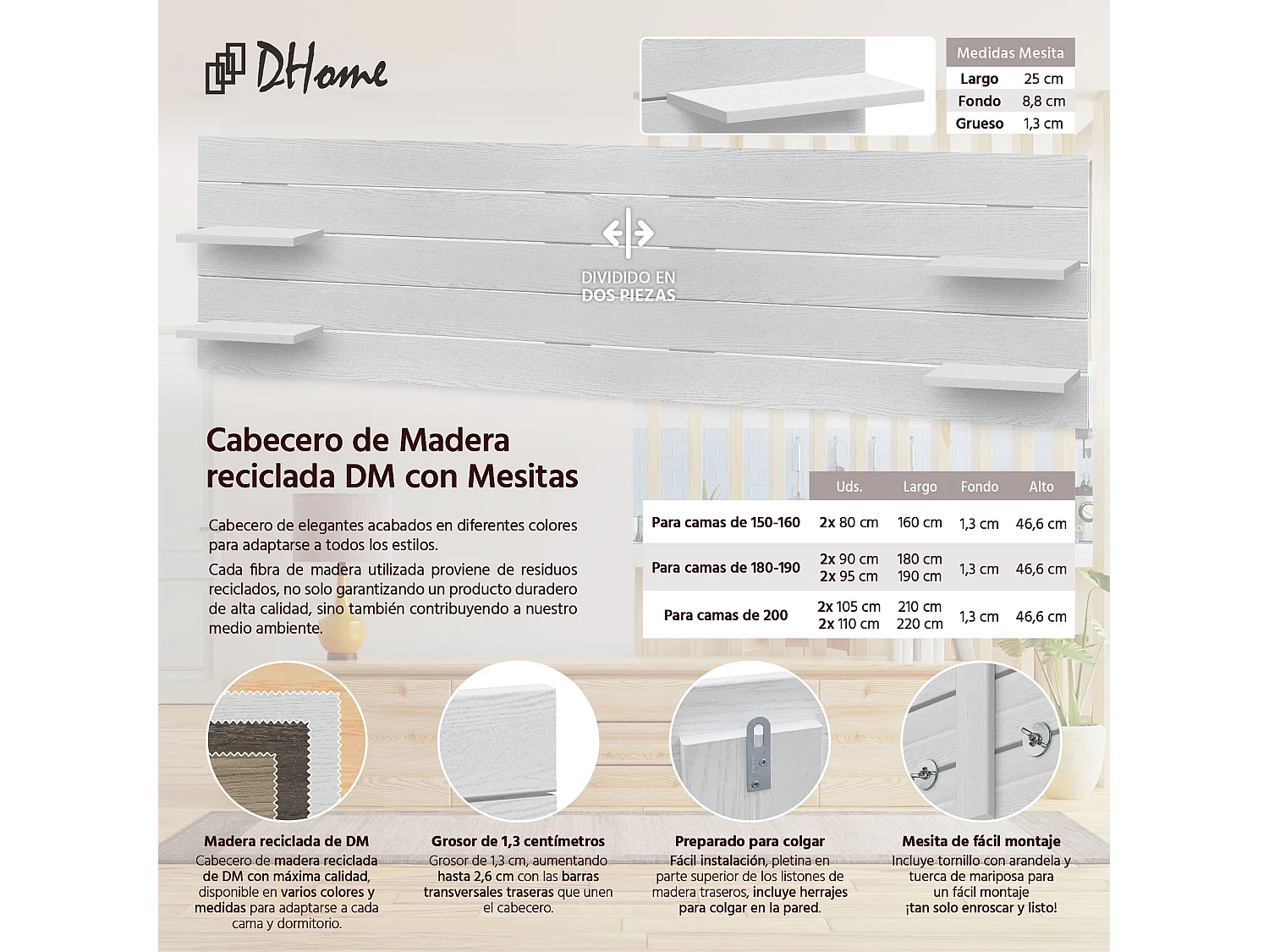 DHOME Tête de lit avec étagères en bois recyclé DM à suspendre au mur style palette japonaise avec pieds de lit nordique vintage (bois blanc 210 cm)