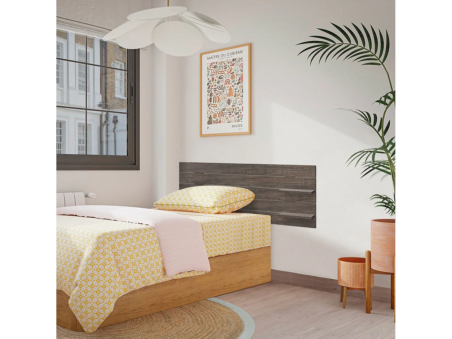 DHOME Tête de lit avec étagères en bois recyclé DM à suspendre au mur style palette horizontale avec pieds lit nordique vintage (chêne d'Amazonie 135 cm)