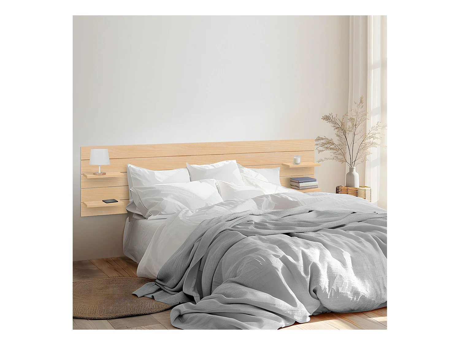 DHOME Tête de lit avec étagères en bois recyclé DM à suspendre au mur style palette horizontale avec pieds lit vintage nordique (bois naturel 220 cm)