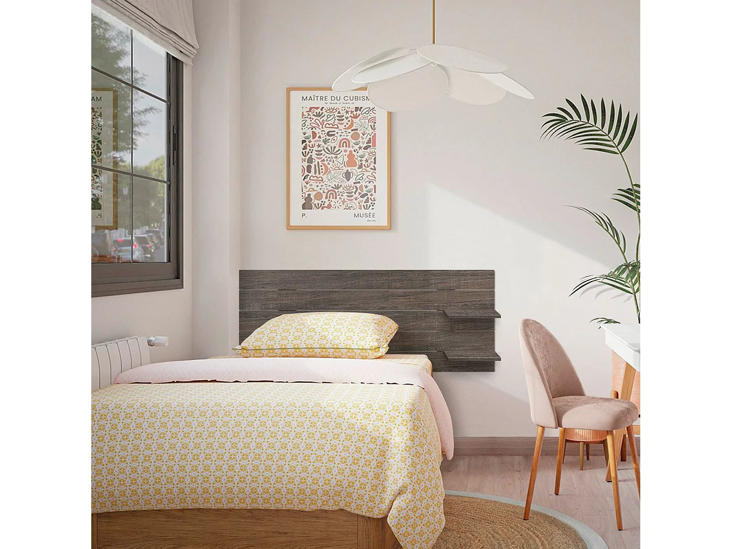 DHOME Tête de lit avec étagères en bois recyclé DM à suspendre au mur style palette horizontale avec pieds lit nordique vintage (chêne d'Amazonie 145 cm)