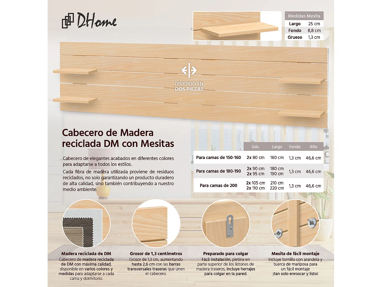 DHOME Tête de lit avec étagères en bois recyclé DM à suspendre au mur style palette japonaise avec pieds de lit nordique vintage (bois naturel 220 cm)