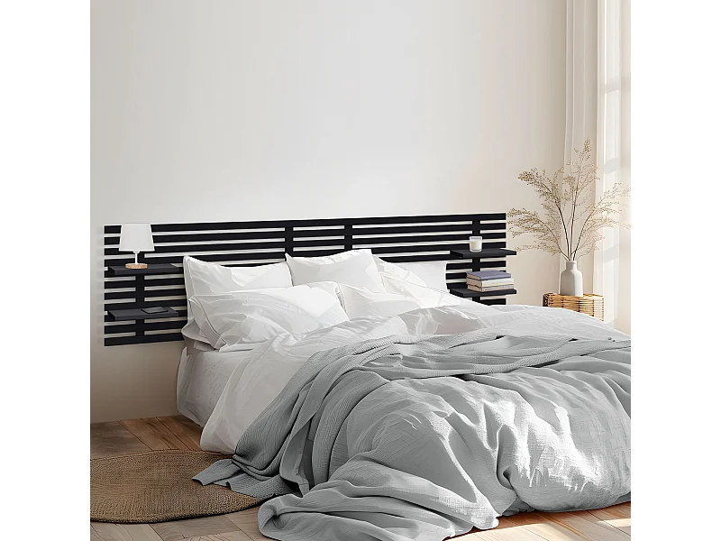 DHOME Testiera con ripiani in legno riciclato DM sospeso a parete in stile nordico giapponese con pallet (nero massiccio 290 cm)